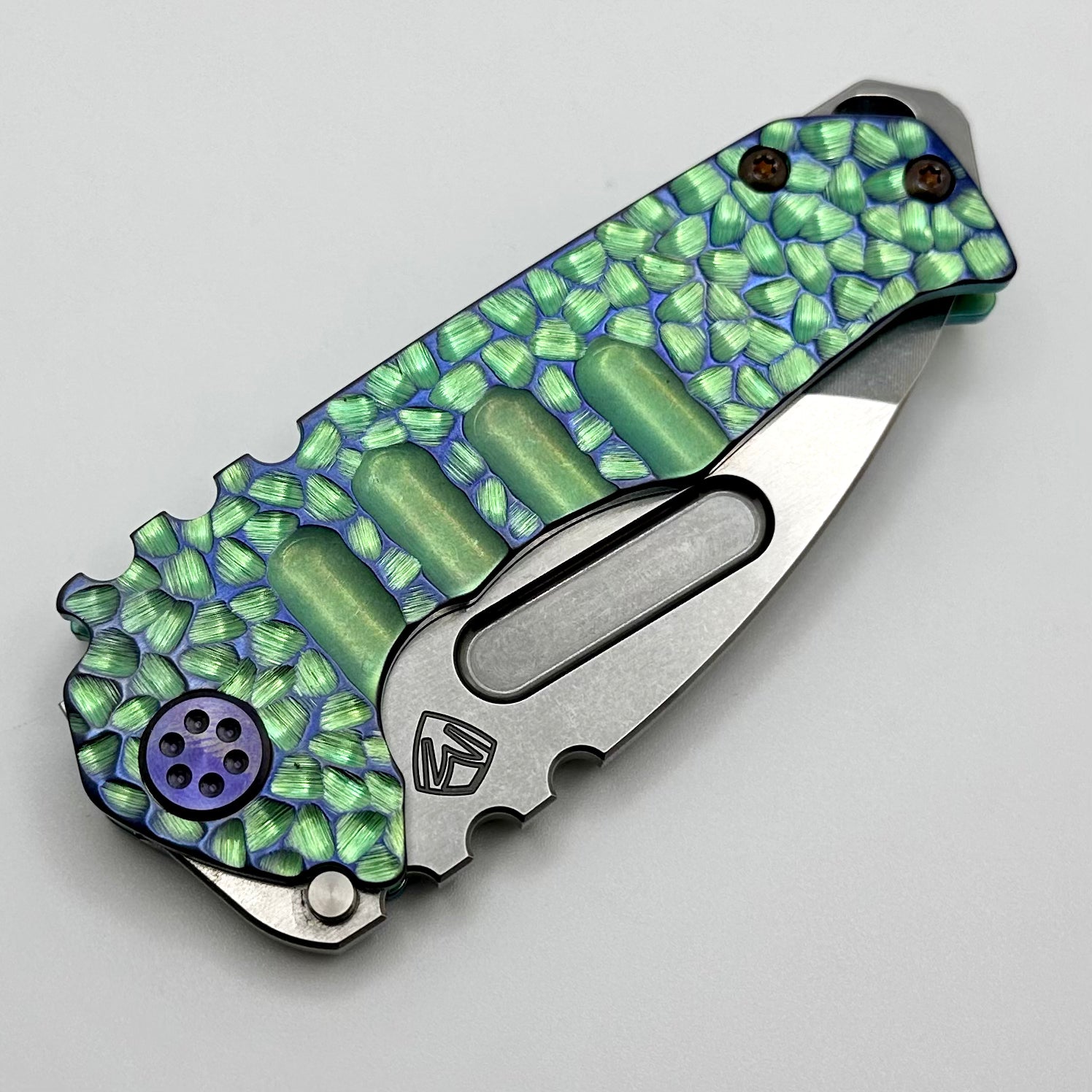 Medford Praetorian Genesis T Ecto Green Peaks & Valleys Hulk Handles w/ Violet Hardware/Clip & S45VN Tumbled Tanto