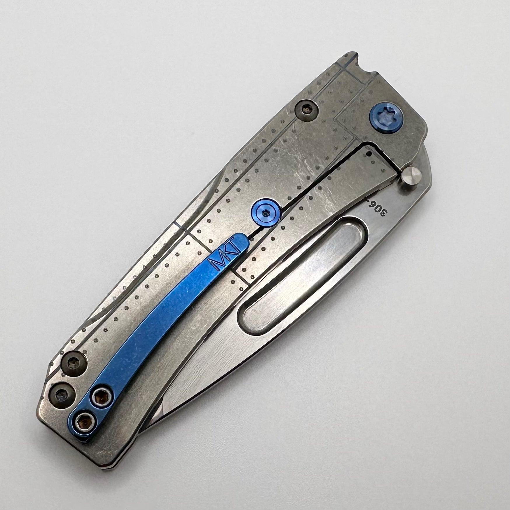 Medford Knife Slim Midi Tumbled Tanto S45 & Tumbled Warthog Rivets Handles w/ Blue Hardware/Clip