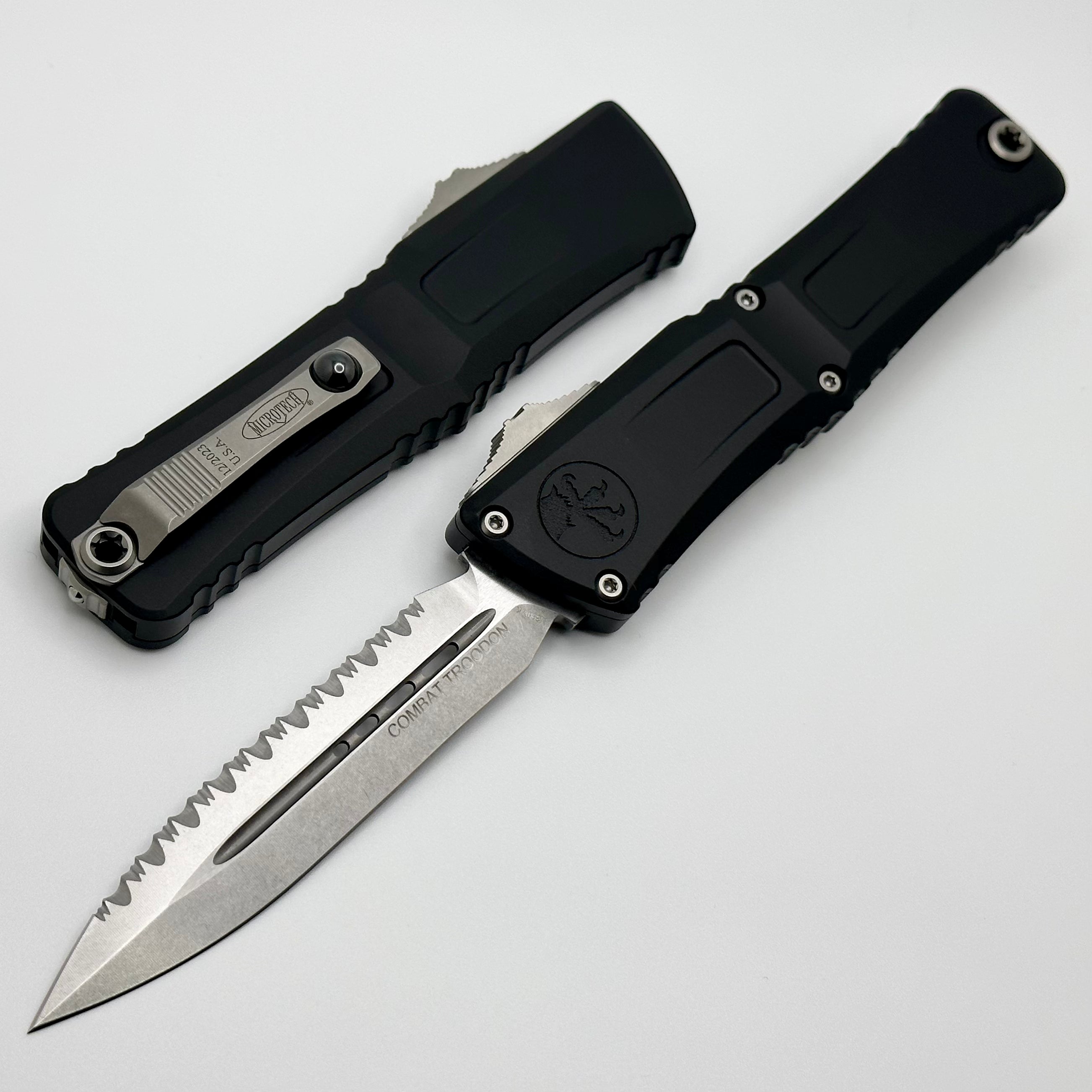 Microtech Knives Combat Troodon Gen III Stonewash Full Serrated Double Edge w/ Black Handle 1142-12