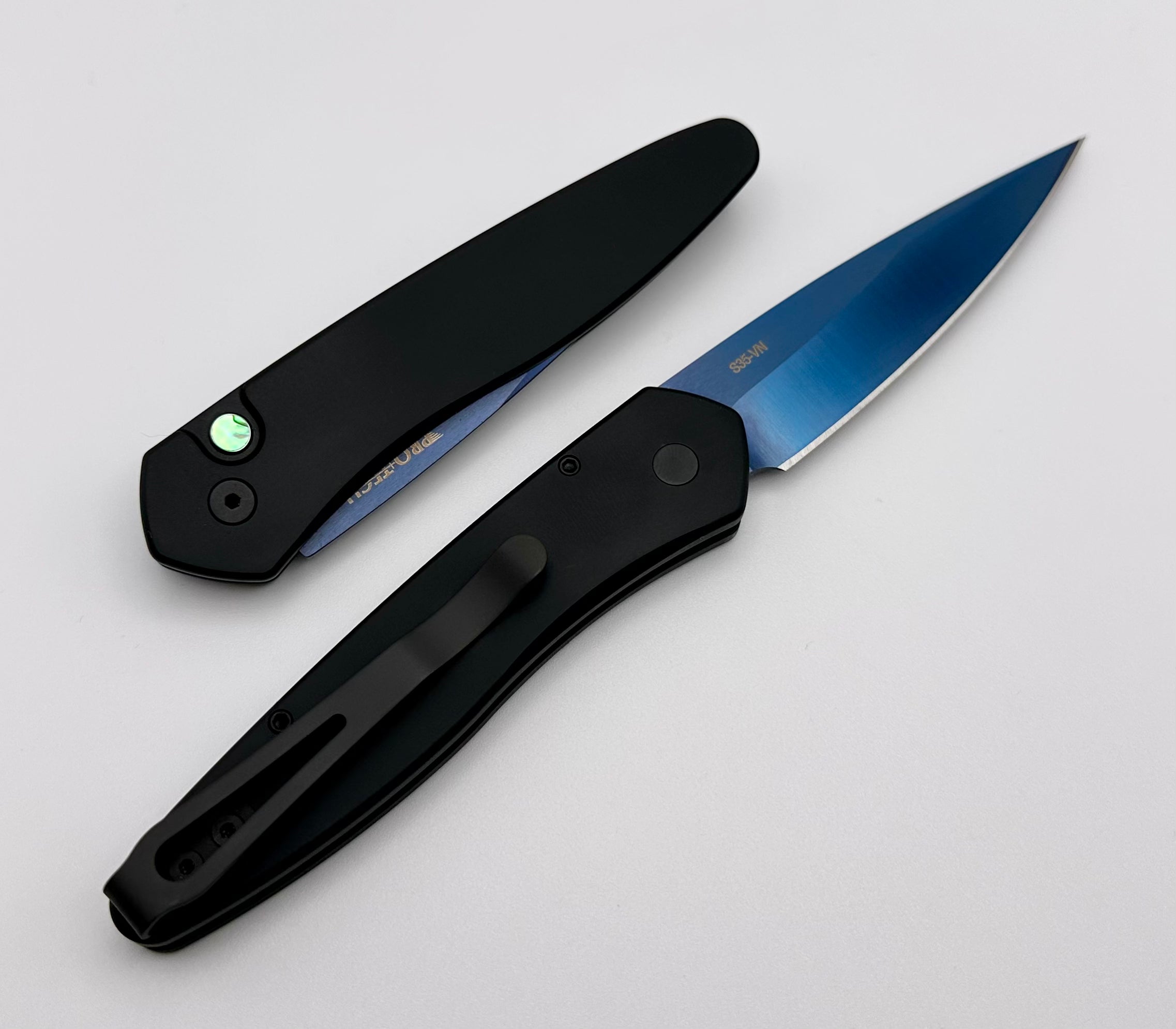 Pro-Tech Newport Black w/ Abalone Button & Blue S35VN Blade 3407-SB