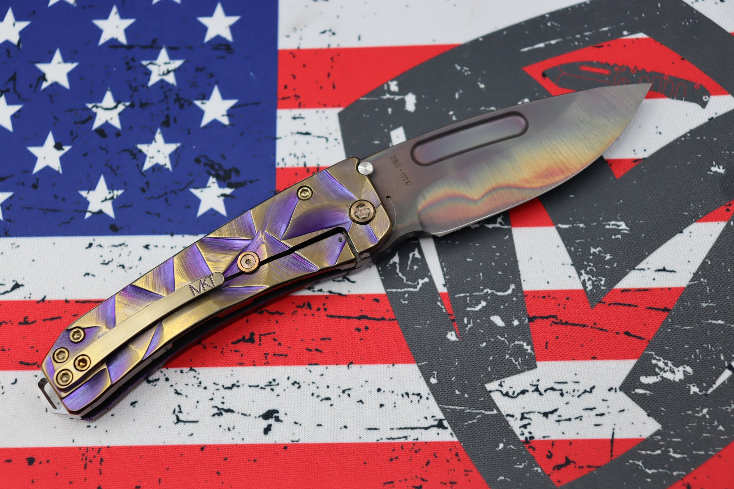 Medford Midi Marauder Vulcan S35 Drop Point & Violet w/ Bronze Stained Glass Sculpted Handles w/ Bronze Hardware/Clip