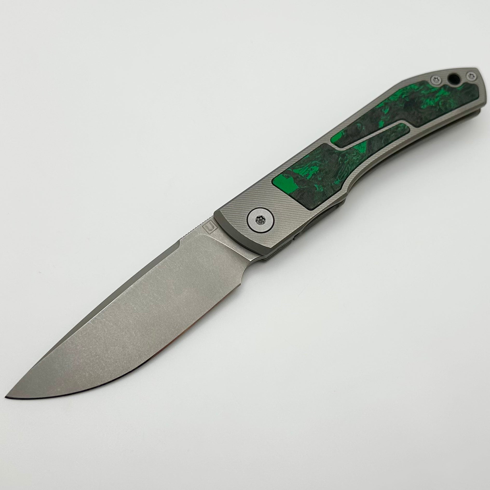 Uldanov Custom Knives Sierra w/ Milled Titanium/Green Dark Matter Carbon Fiber Inlays & M398 Front Flipper #67