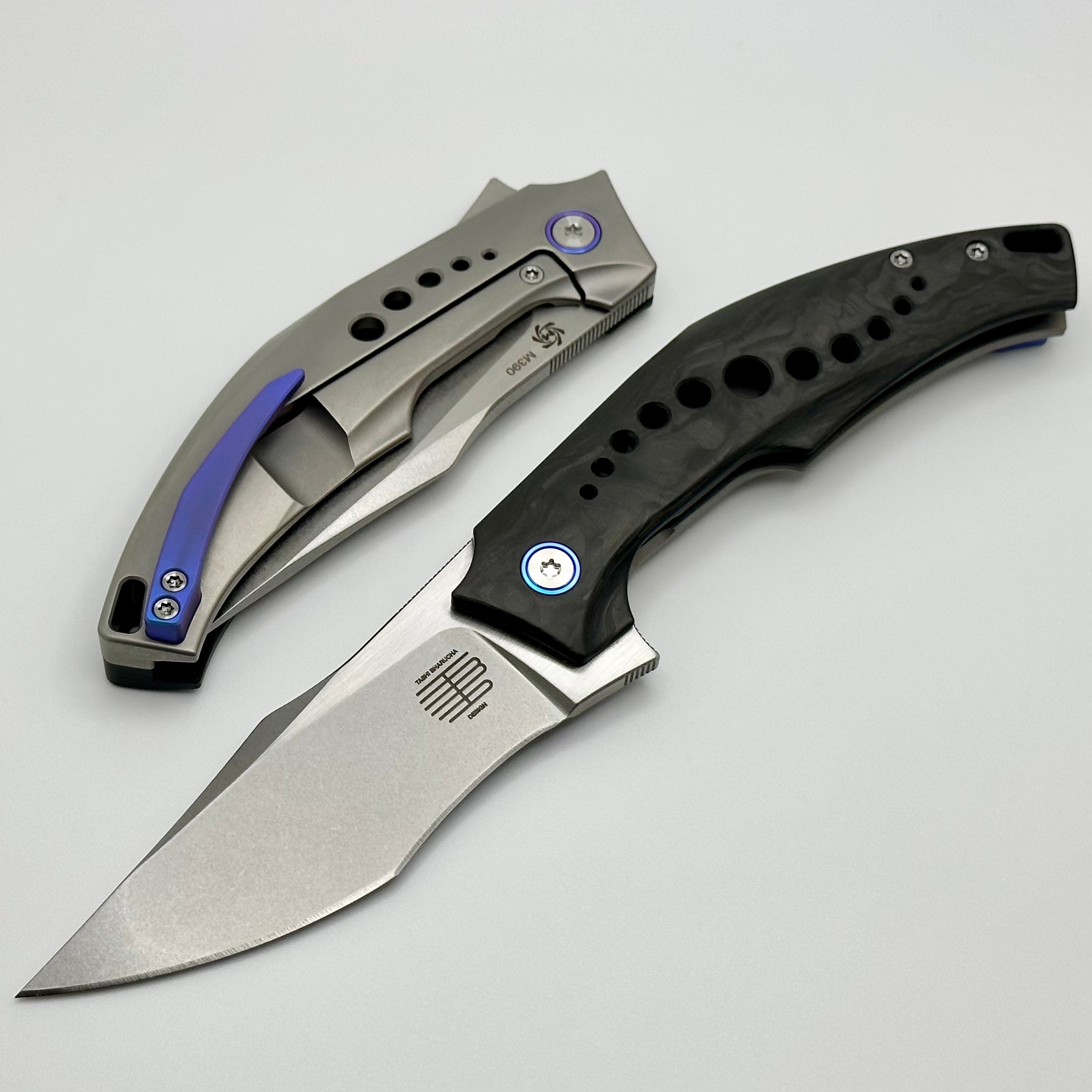 Mechforce Knives Tashi SOS Folder Stonewash M390 & Carbon Fiber/Titanium Handles w/ Blue Accents