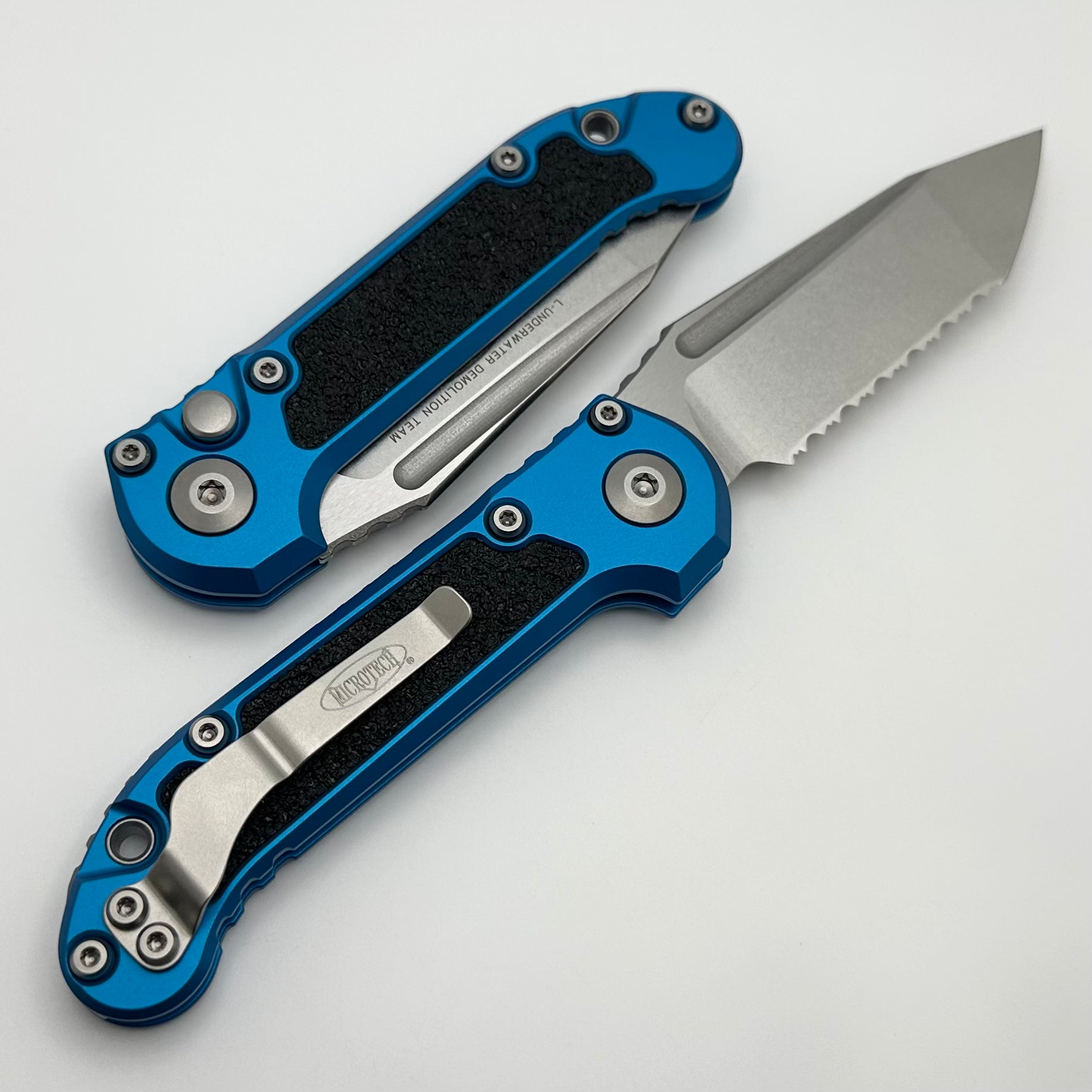 Microtech Knives LUDT Gen III Stonewash Full Serrated Tanto w/ Blue Handle 1136-12BL