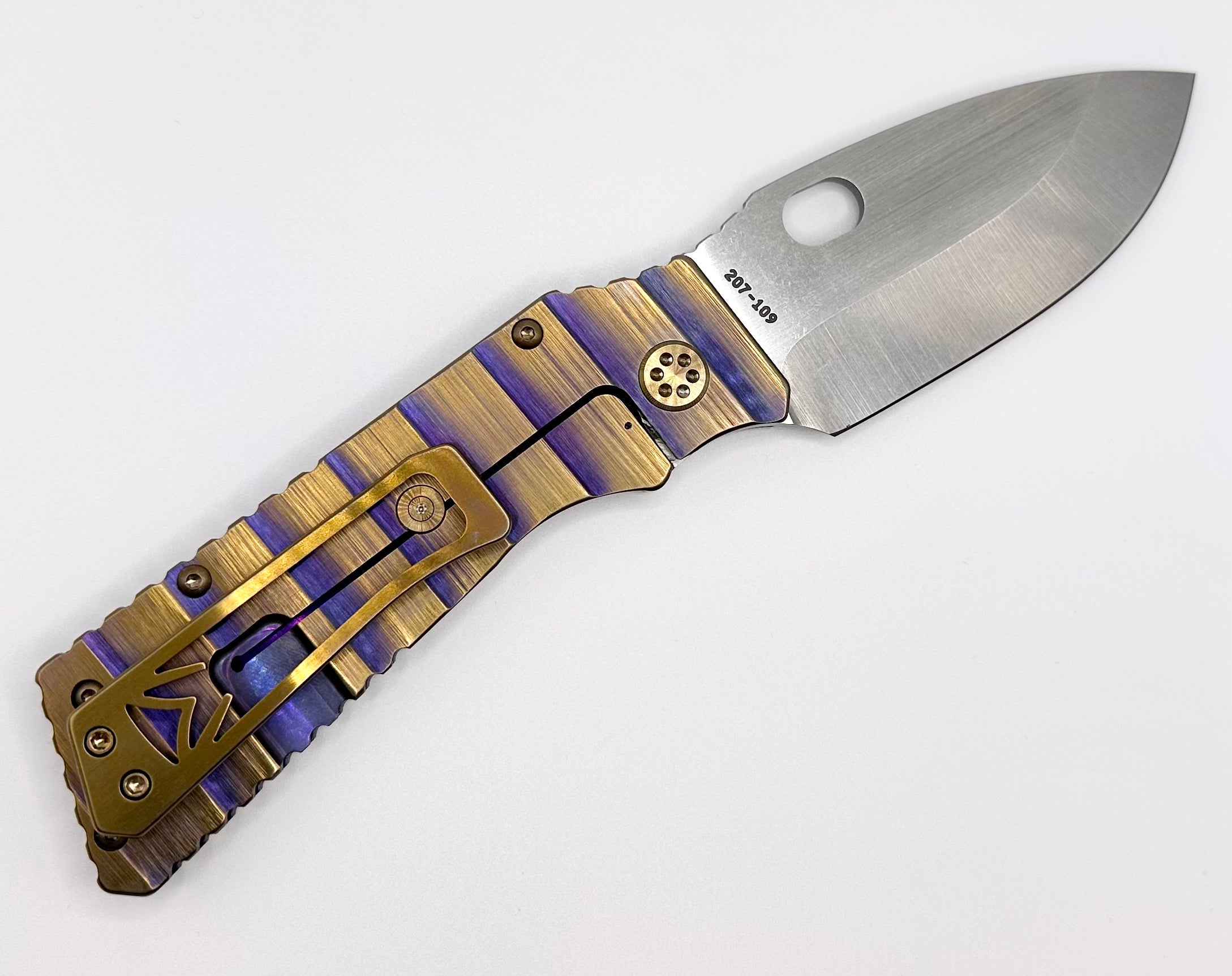 Medford TFF-1 Tumbled S35VN w/ Violet/Bronze Armadillo Sculpted Handles & Bronze Hardware/Clip