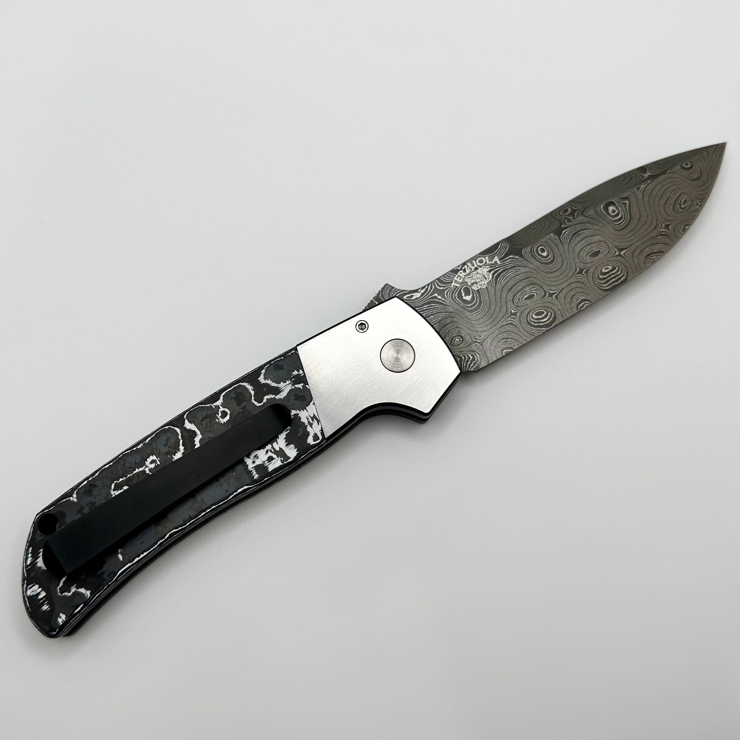 Pro-Tech ATCF Monochrome Custom Two Tone DLC 416 Steel w/ White Storm Fat Carbon Inlays & Black Lip Pearl Button w/ Chad Nichols Virus Damascus Enthusiant 2023 Edition PRE OWNED