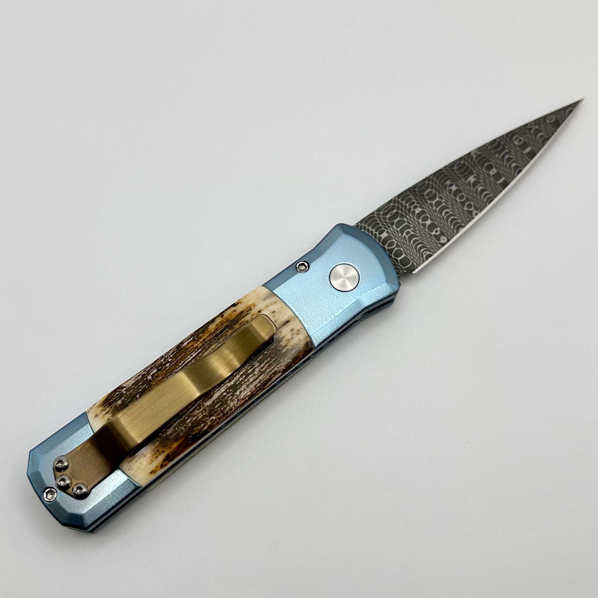 Pro-Tech Godson Blue Orange Peel & Ancient Bark Mastodon Inlays w/ Mosaic Button & Nichols Damascus Blade 2024 Godson 005