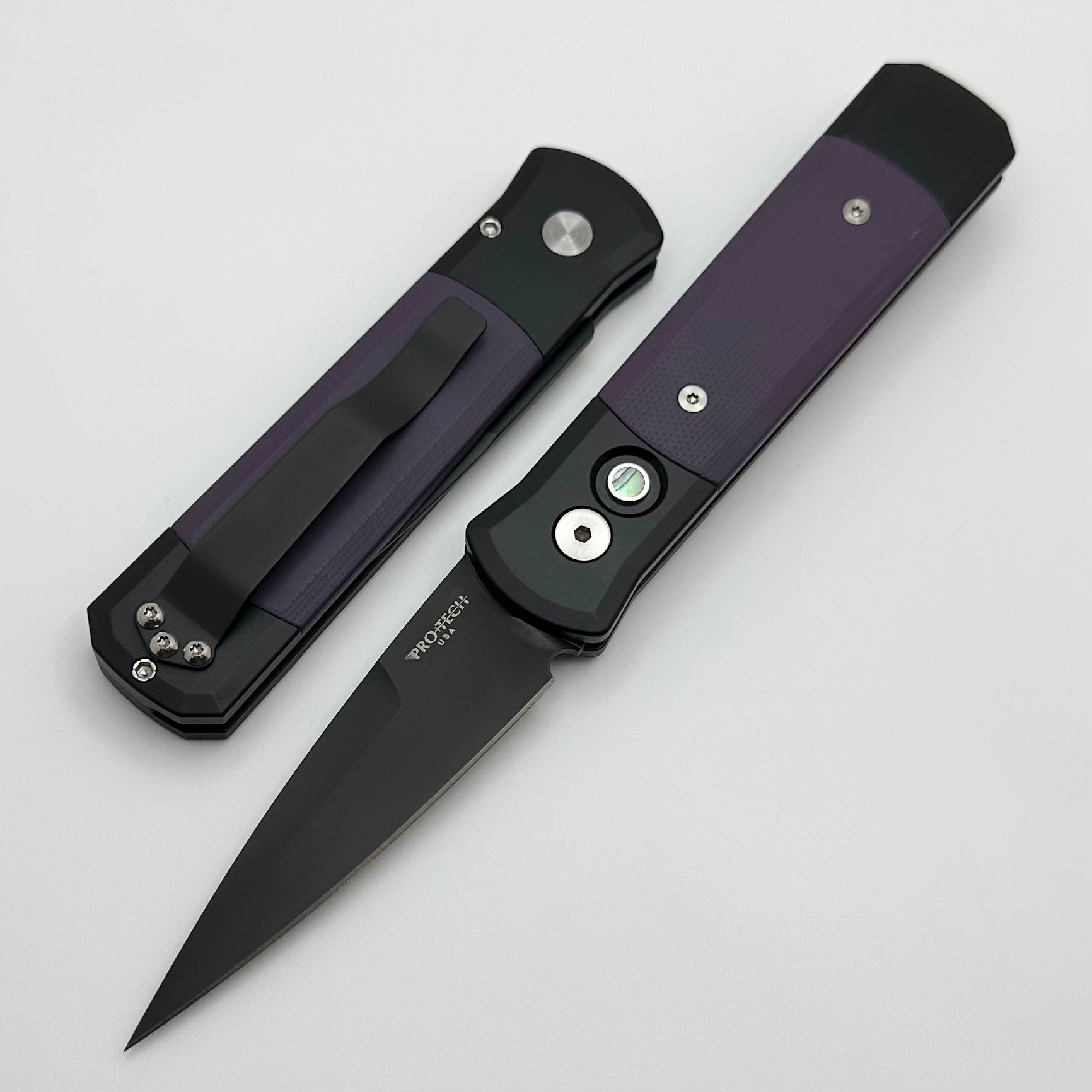 Pro-Tech Godson w/ Purple G-10 Inlays & Black Handle w/ DLC 154-CM 715-Purple