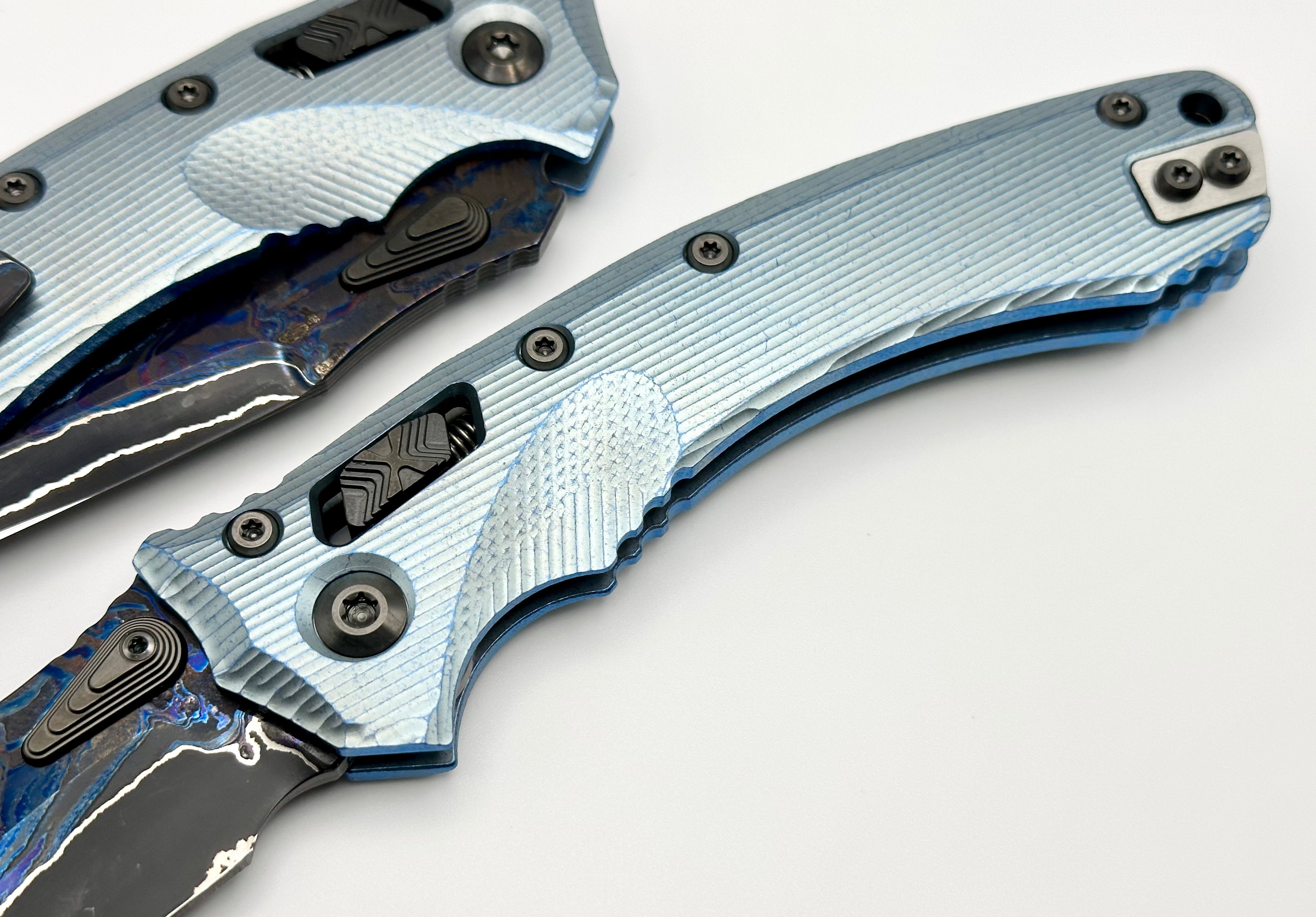 Marfione Custom Knives Amphibian RAM-LOK Brute de Forge Metroid Broken Anvil Damascus & Fluted Ice Blue Stippled Titanium