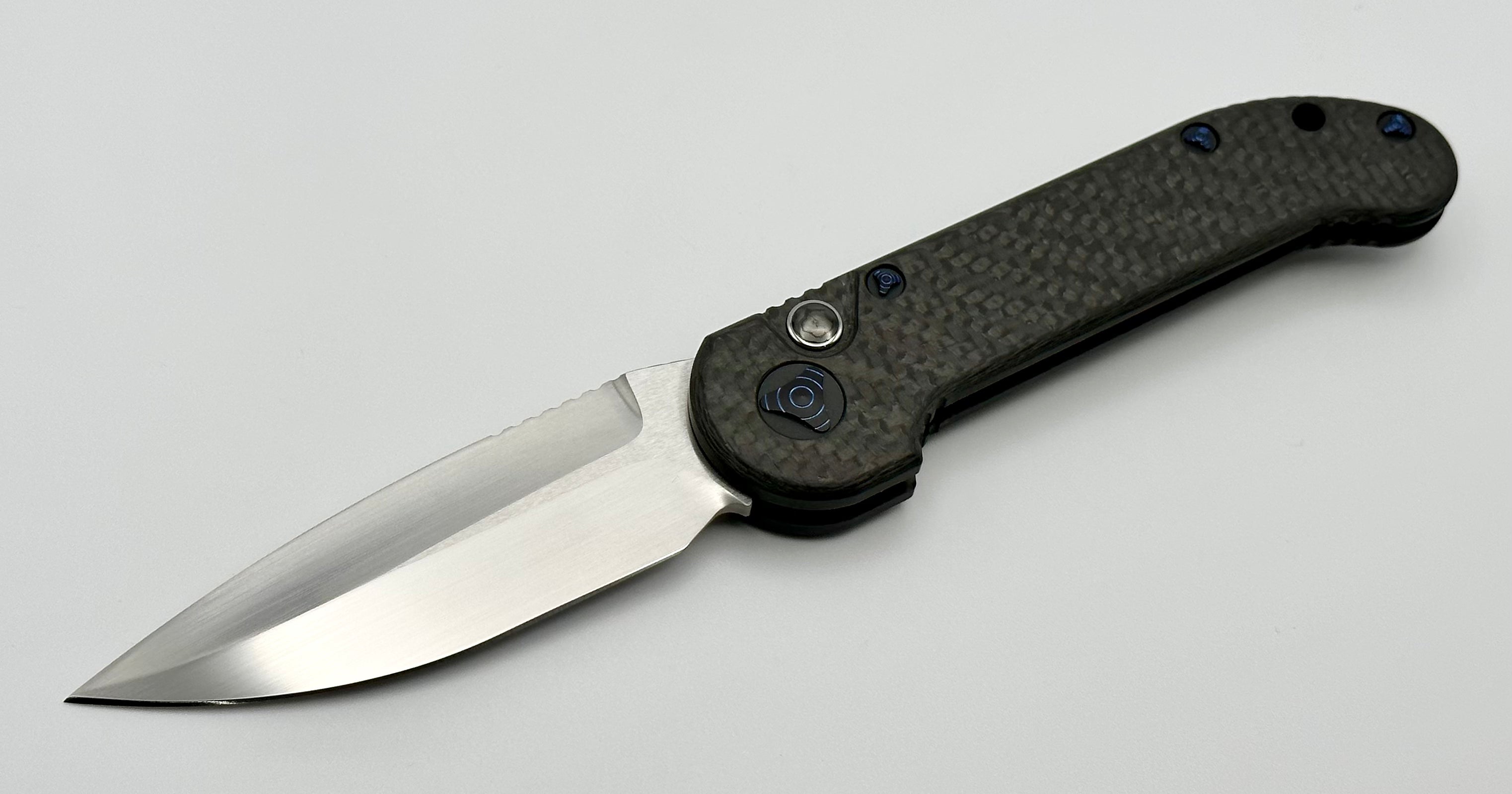 Marfione Custom Knives LUDT Hand Satin w/ Carbon Fiber & Blue Ringed Hardware