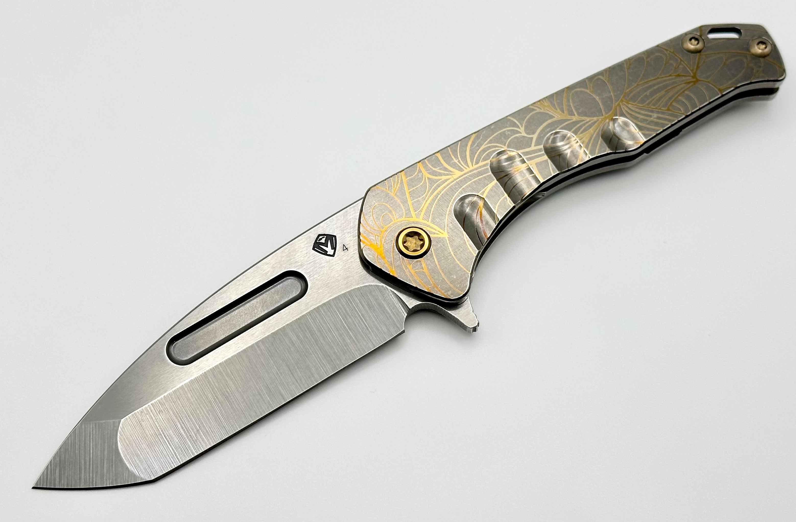 Medford Praetorian Slim Flipper S45VN Tumbled Tanto & Bronze Art Nouveau Laser Engraving Handles w/ Bronze Hardware/Clip