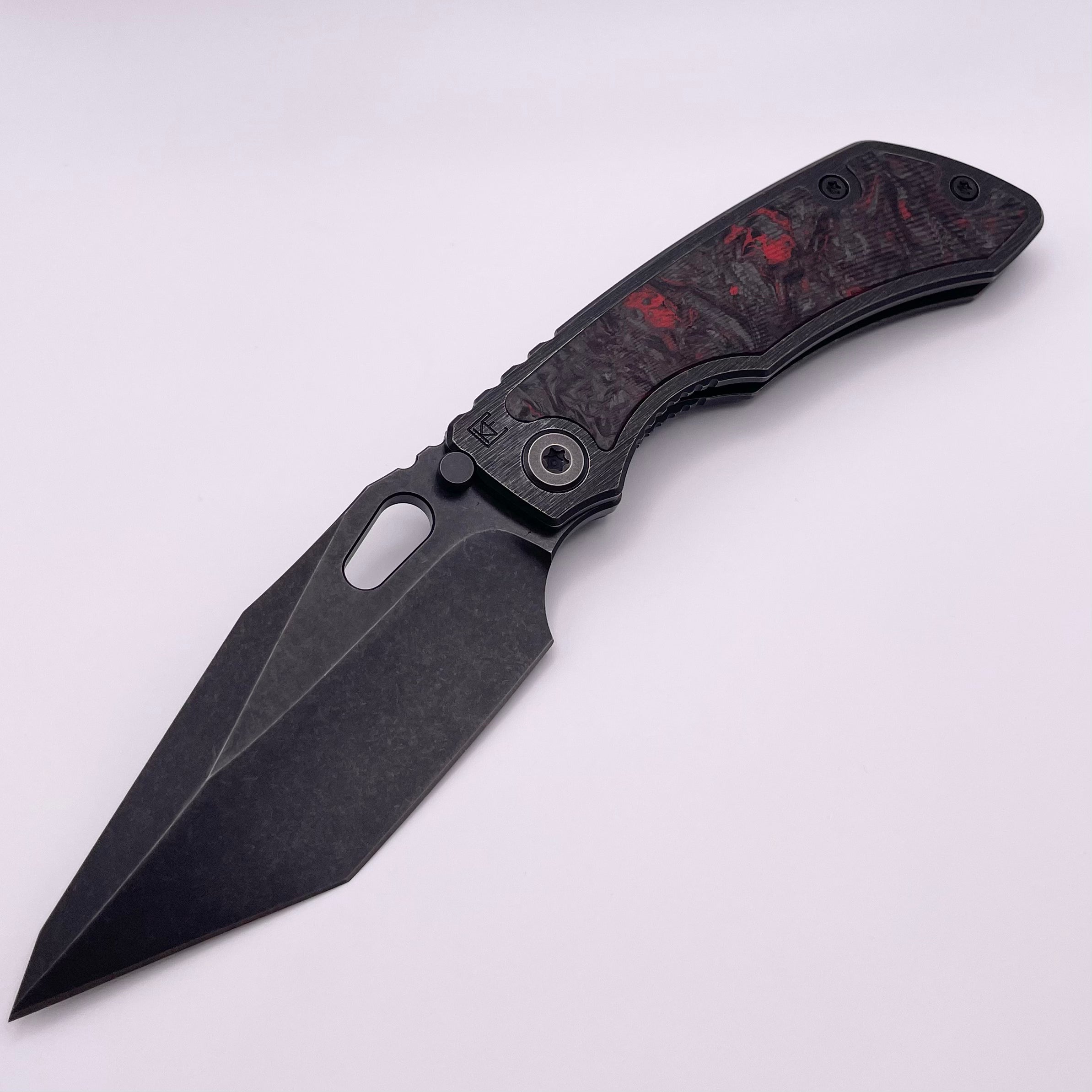 PRE OWNED Custom Knife Factory Rotten Design Evo T Carbon Fiber Inlaid Blackwash Handles w/ Blackwash S90V