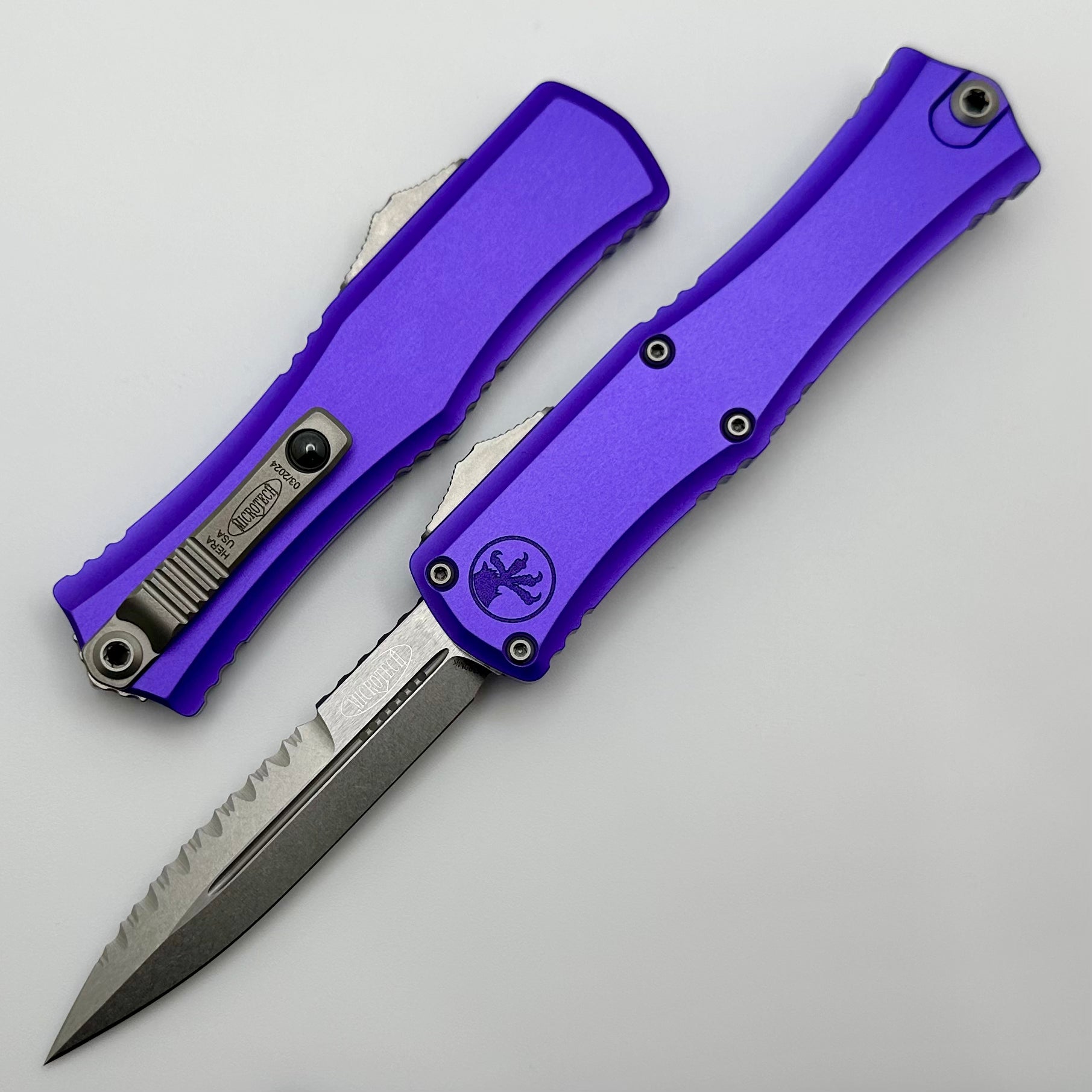 Microtech Knives Mini Hera Full Serrated Stonewash Bayonet M390MK w/ Purple Handle 1701M-12PU