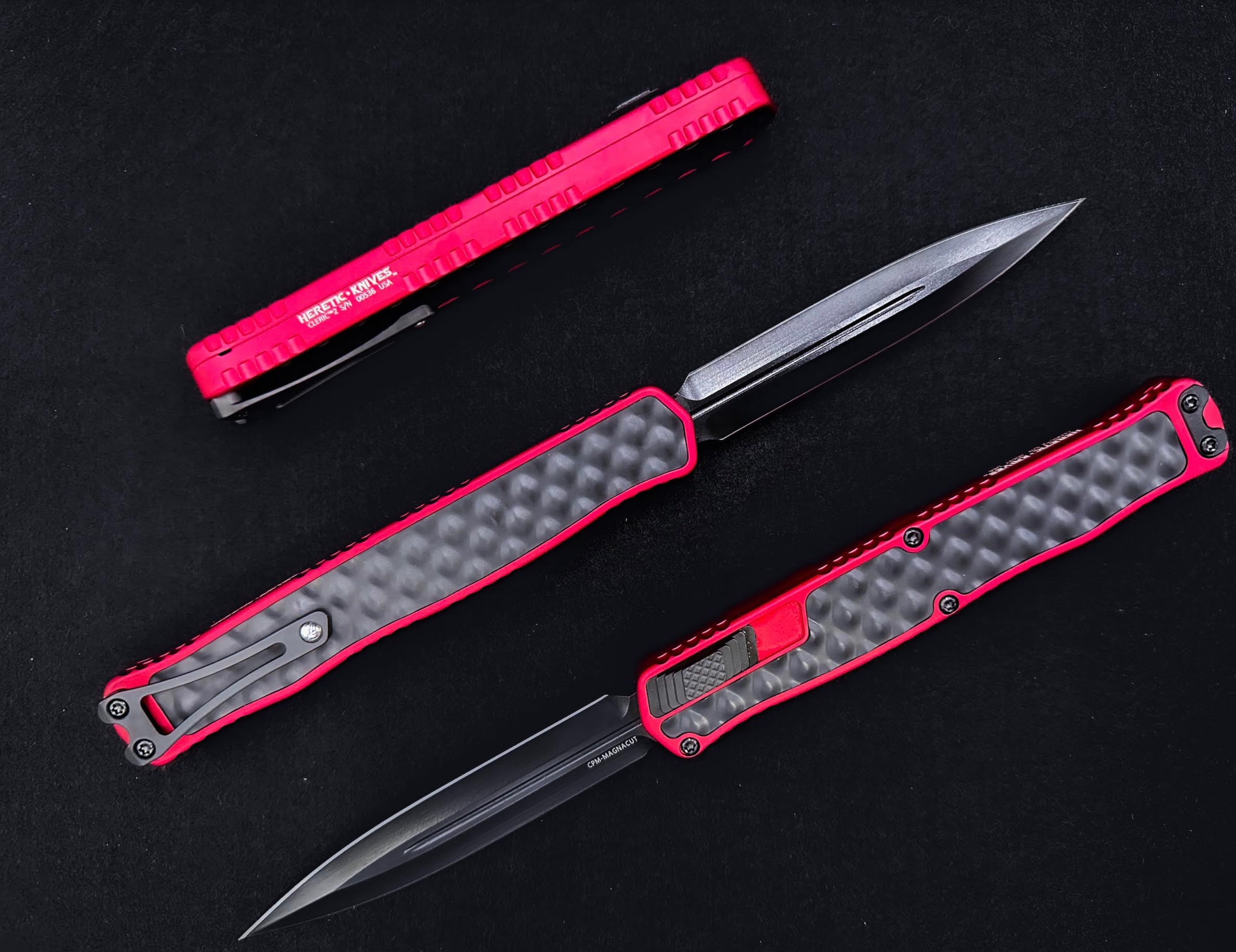 Heretic Knives Cleric II 2 Black Double Edge Magnacut w/ Red & Black Stainless Bubble Inlays