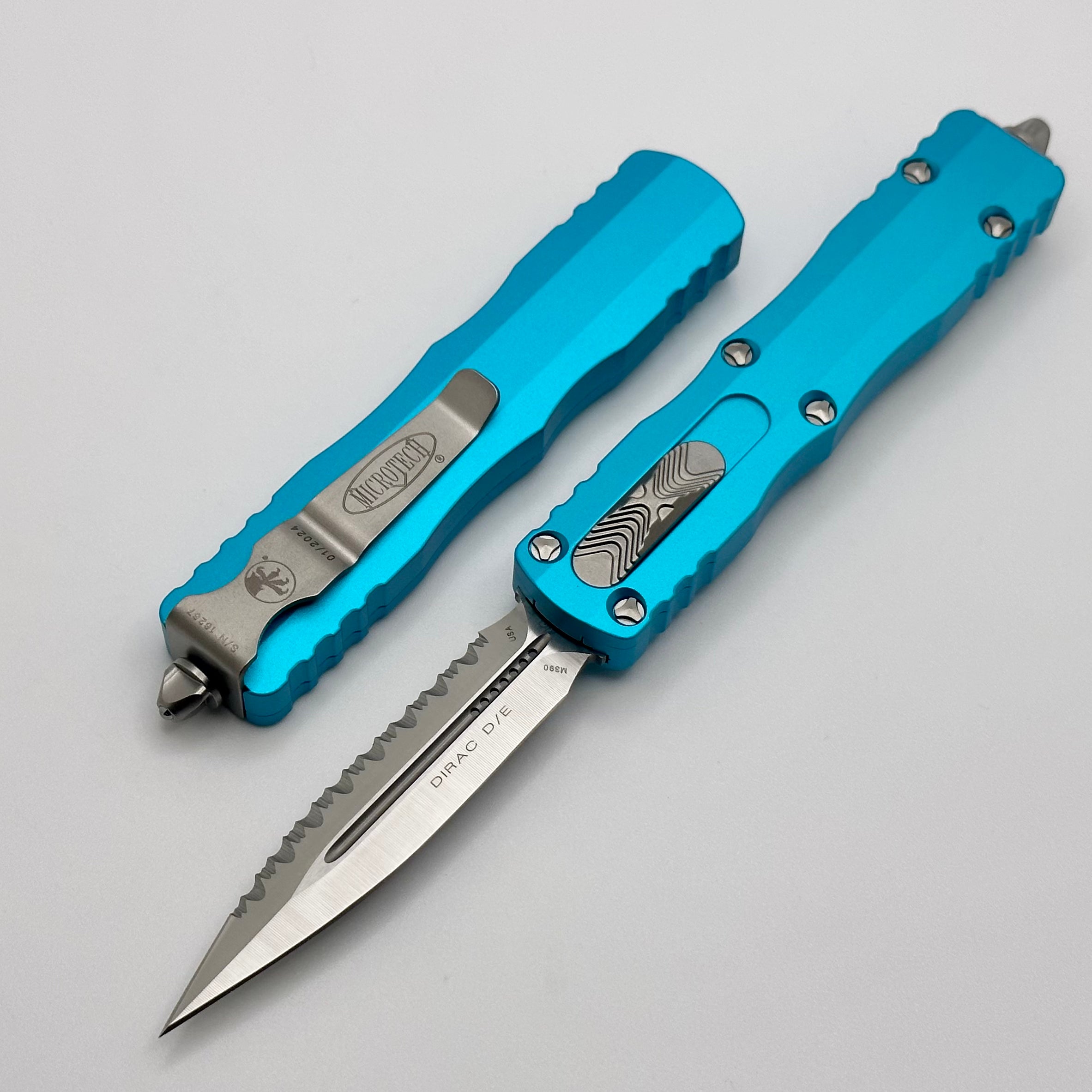 Microtech Dirac Double Edge Satin Full Serrated & Turquoise 225-6TQ