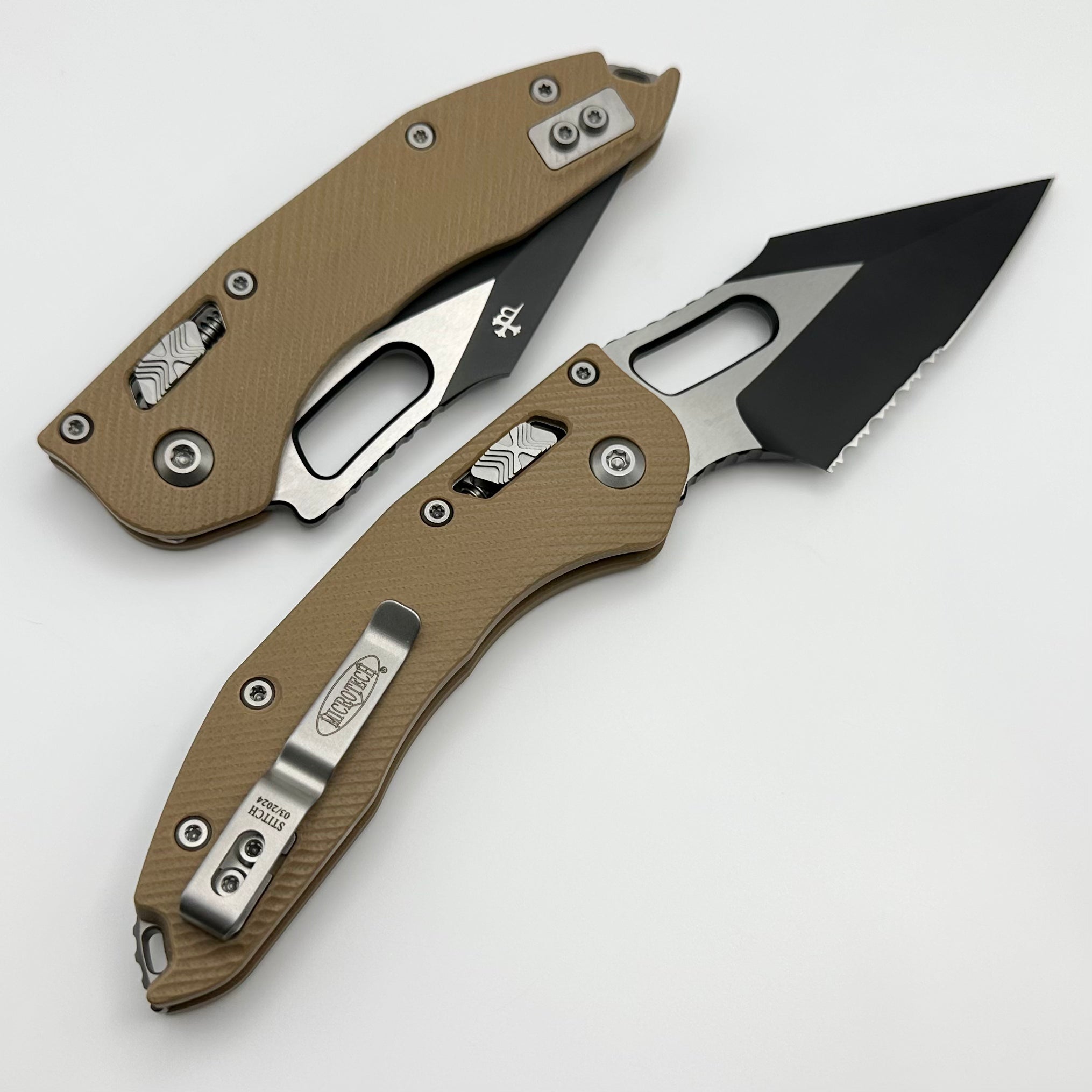 Microtech Knives Manual Stitch RAM LOK Fluted Tan G-10 & Partial Serrated Two Tone Black M390MK 169RL-2FLGTTA