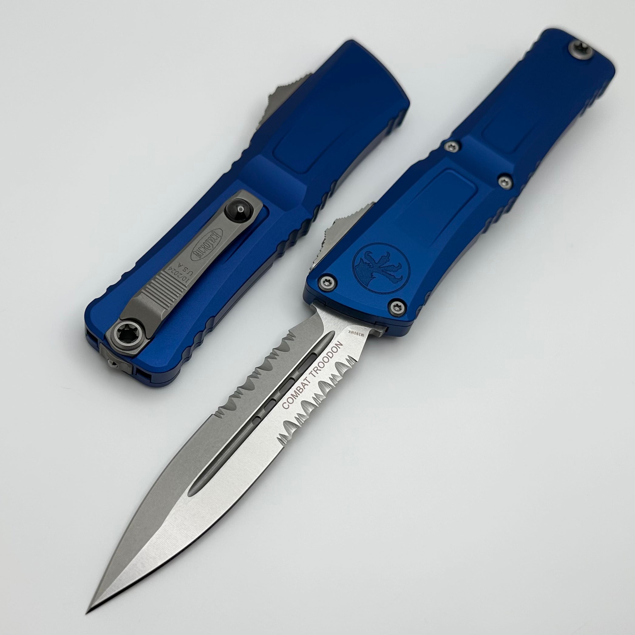 Microtech Knives Combat Troodon Gen III Stonewash D/E Partial Serrated w/ Navy Blue Handle 1142-11NA