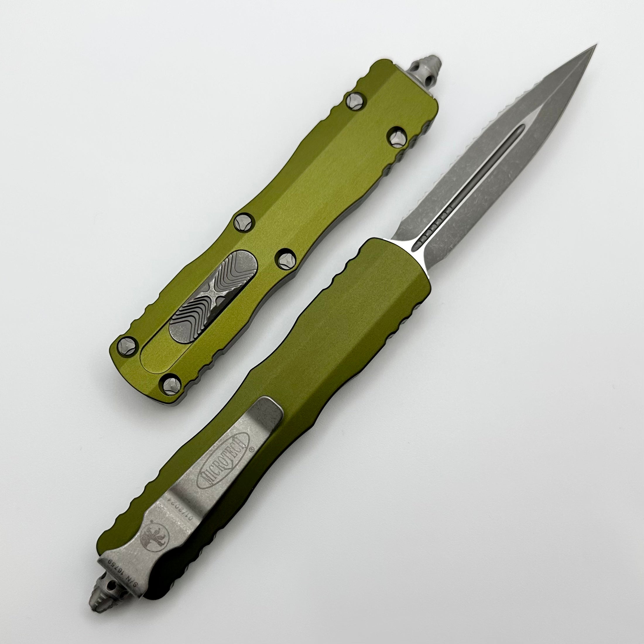 Microtech Dirac Double Edge Full Serrated Apocalyptic Standard & OD Green 225-12APOD