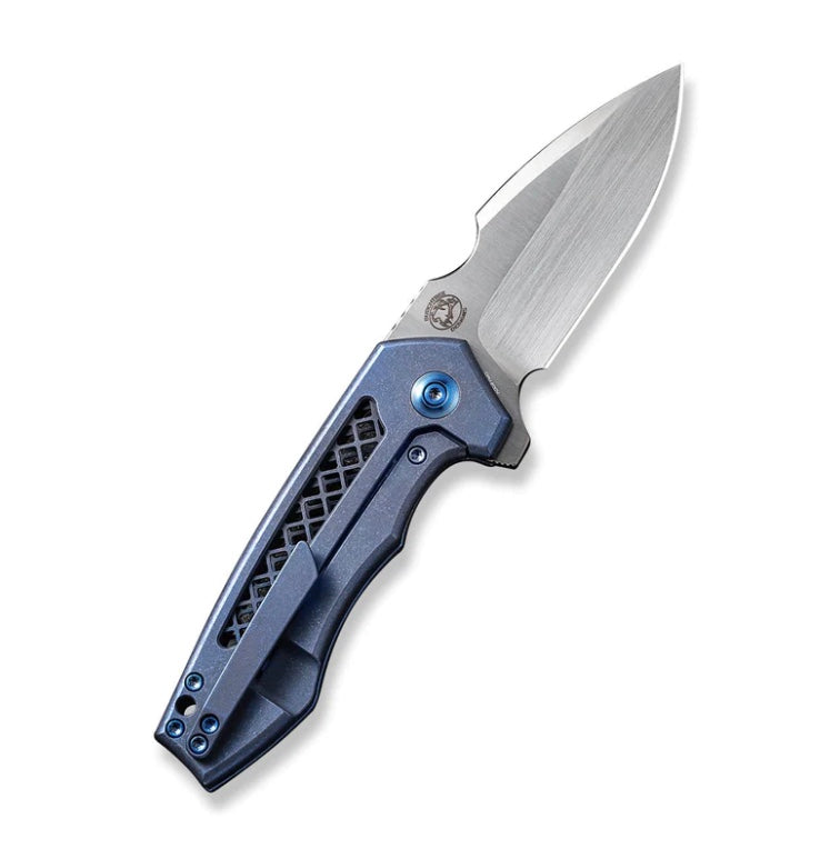 We Knife Harpen Flipper Blue Milled Titanium Handles & Hand Rubbed Satin CPM-20CV Blade WE23019-2