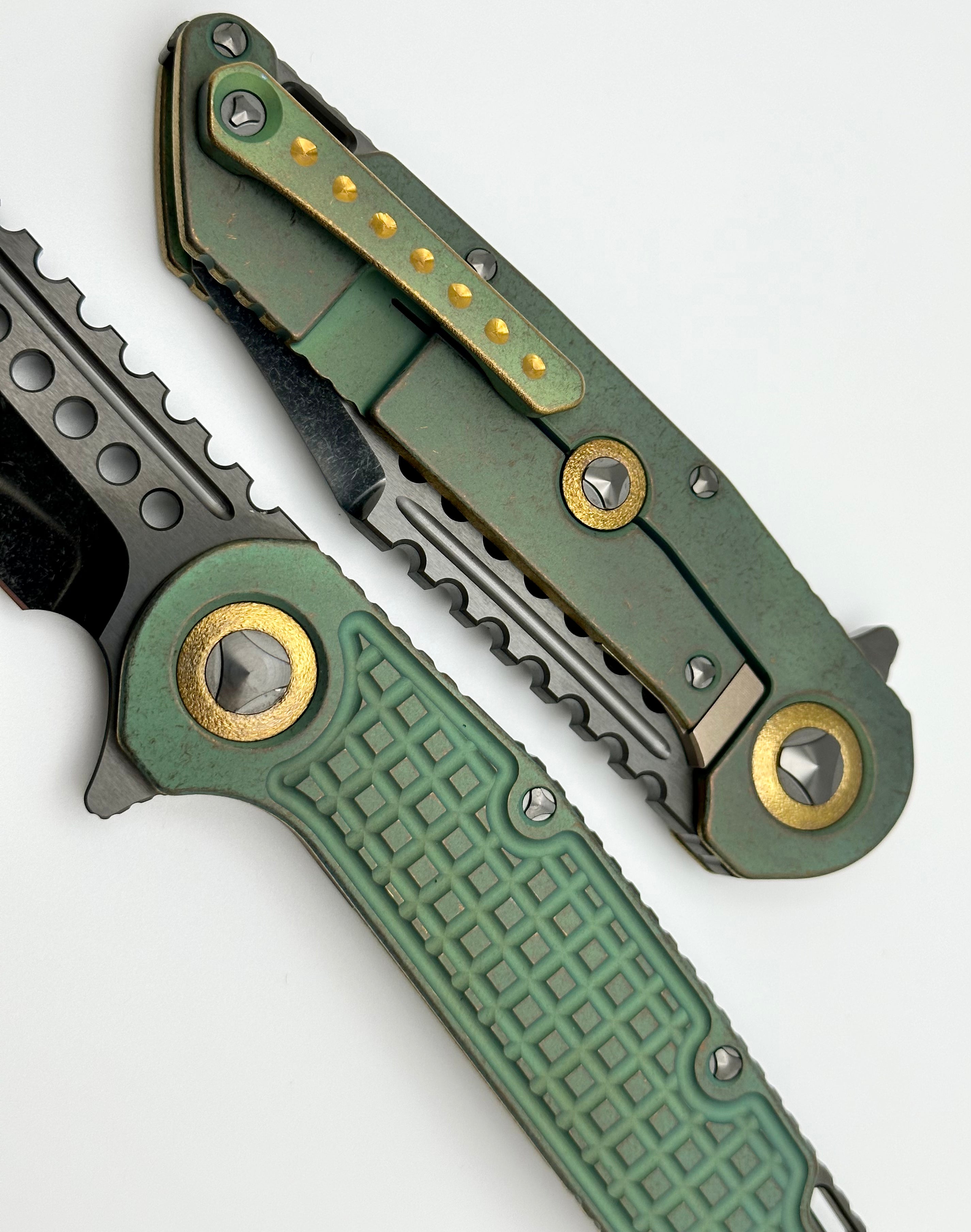 Marfione Custom Knives Warhound DLC Two Tone Stonewash & Antique Green Frag Titanium Handles w/ DLC Titanium Hardware