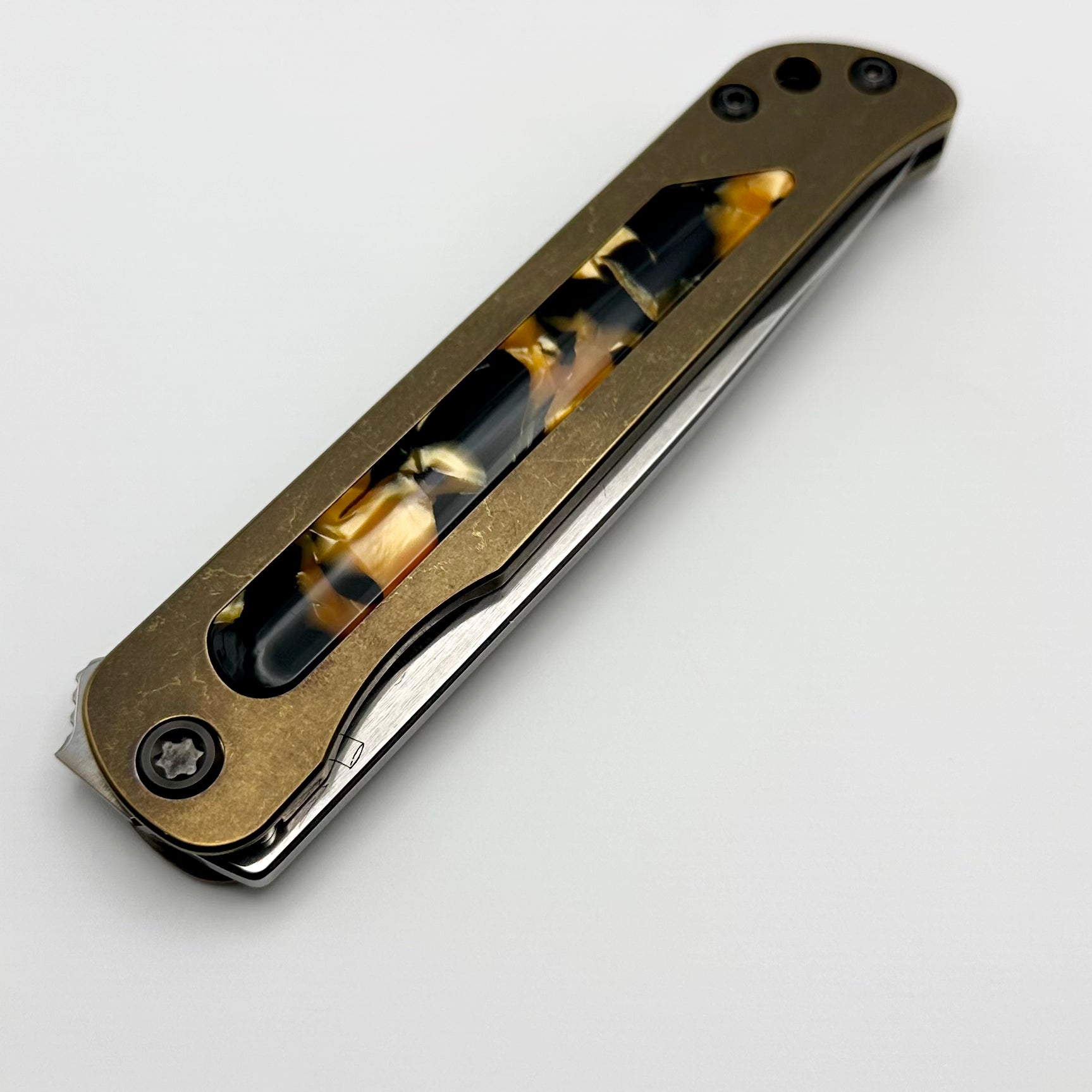 Medford T-Bone Bronze Tumbled Titanium Framelock Flipper w/ Tortoise Shell Inlay & PVD Hardware w/ Tumbled S45VN Blade