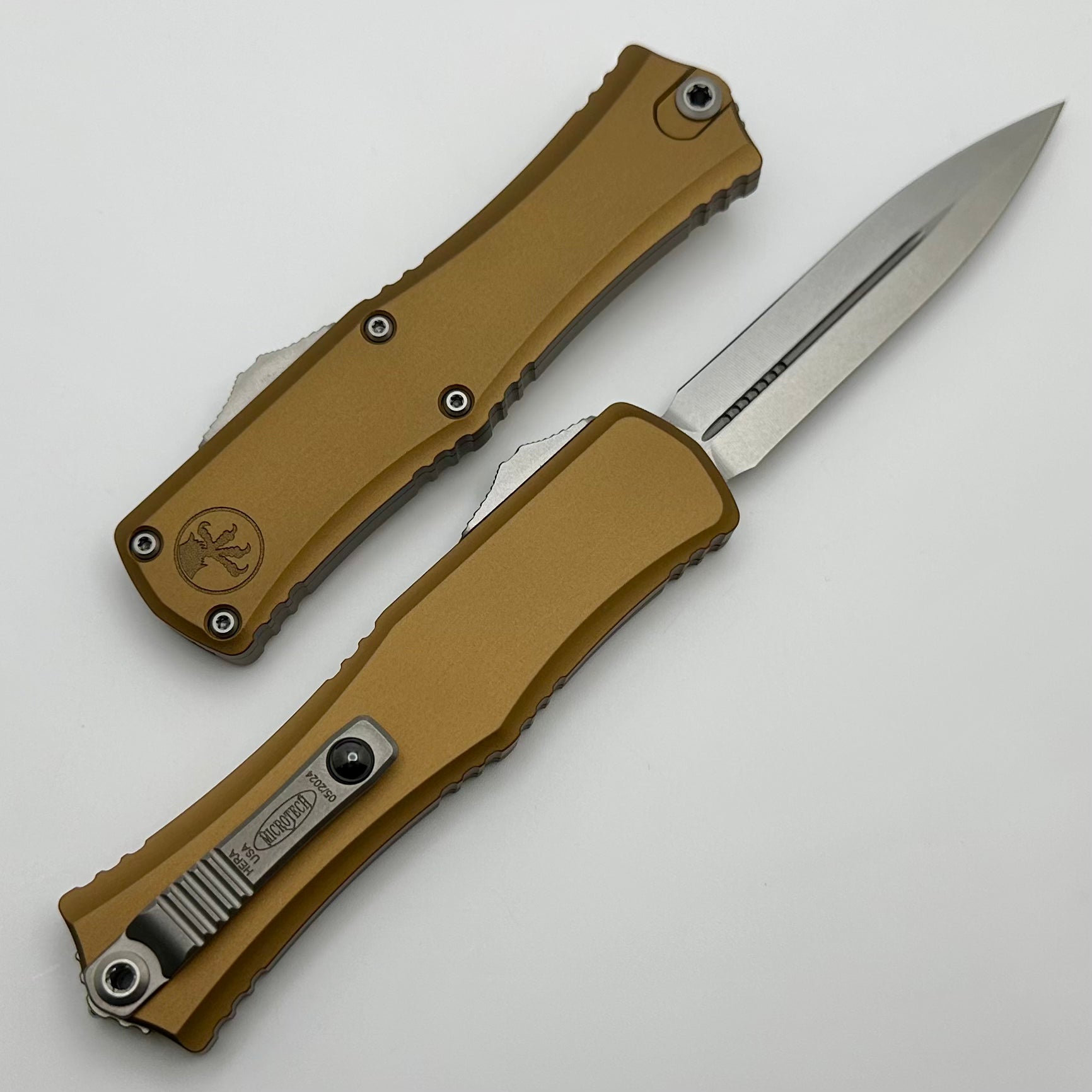 Microtech Knives Mini Hera Stonewash Double Edge M390MK w/ Tan Handle 1702M-10TA