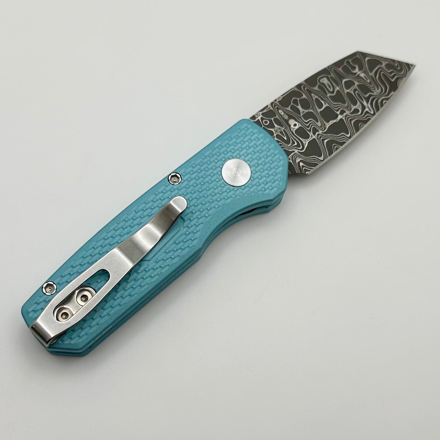 Pro-Tech Runt 5 w/ Tiffany Blue Handle & Damascus Reverse Tanto Blade Show Atlanta 2024