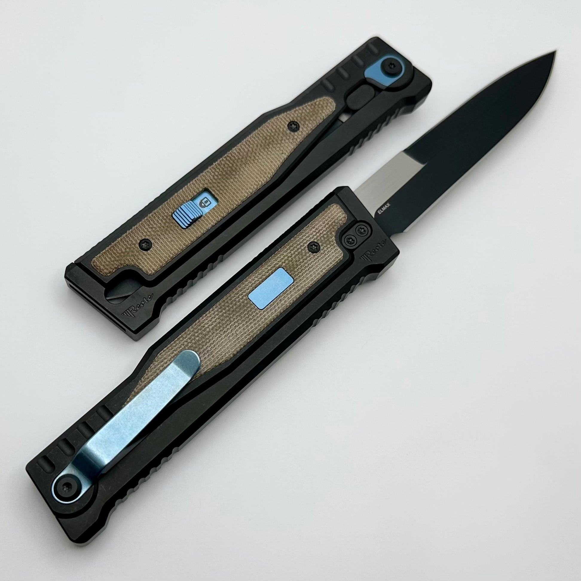 Reate EXO Exoskeleton Design V2 Twill Green Micarta & Two Tone Black PVD Double Edge Bayonet w/ Blue Accents