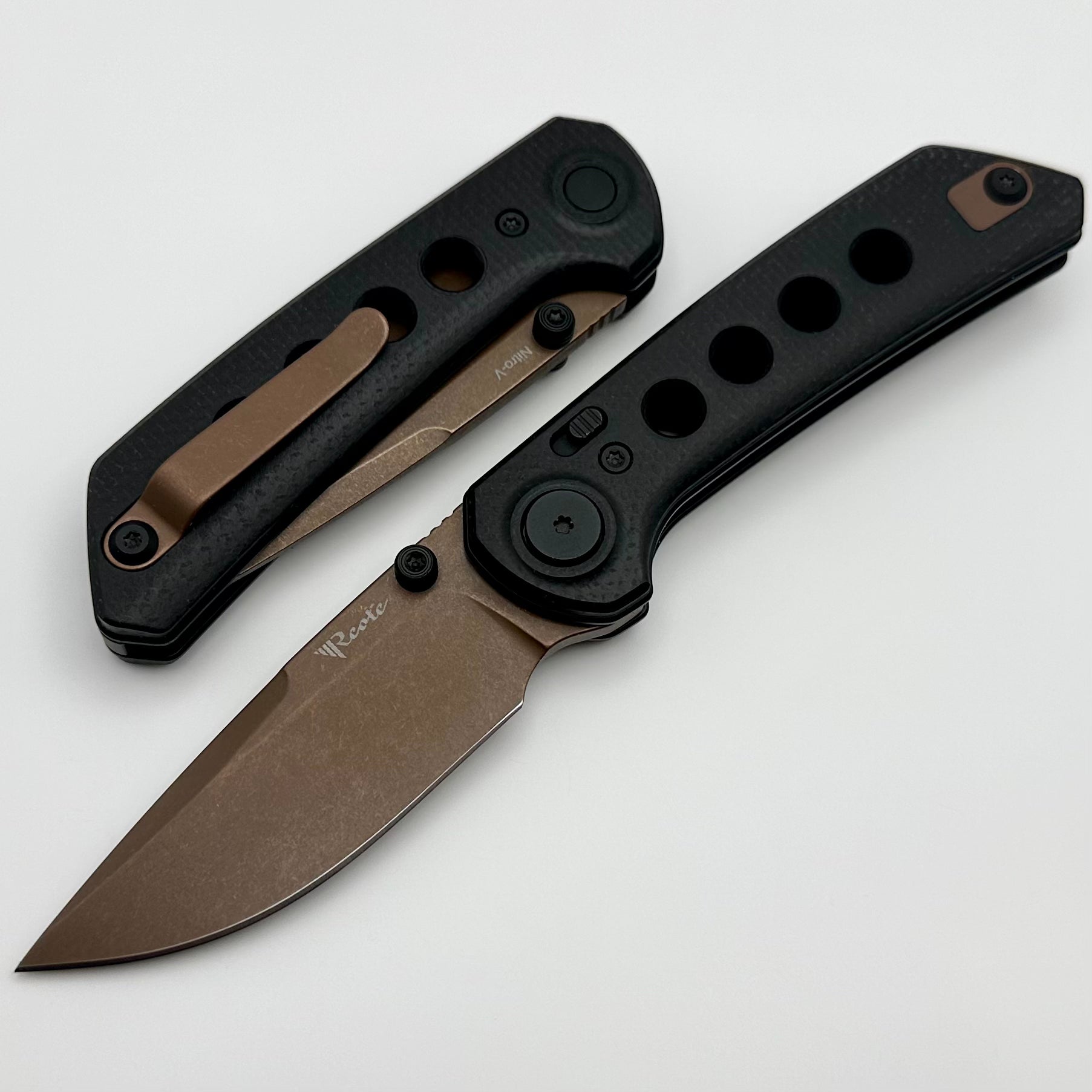 Reate Knives PL-XT Black Micarta w/ Black G-10 Inlays & Copper PVD Nitro-V