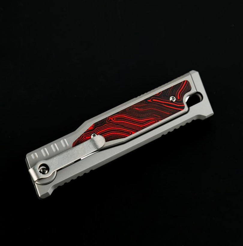 Reate EXO M Red/Black Damascus Pattern G-10 & Satin/Stonewash Drop Point