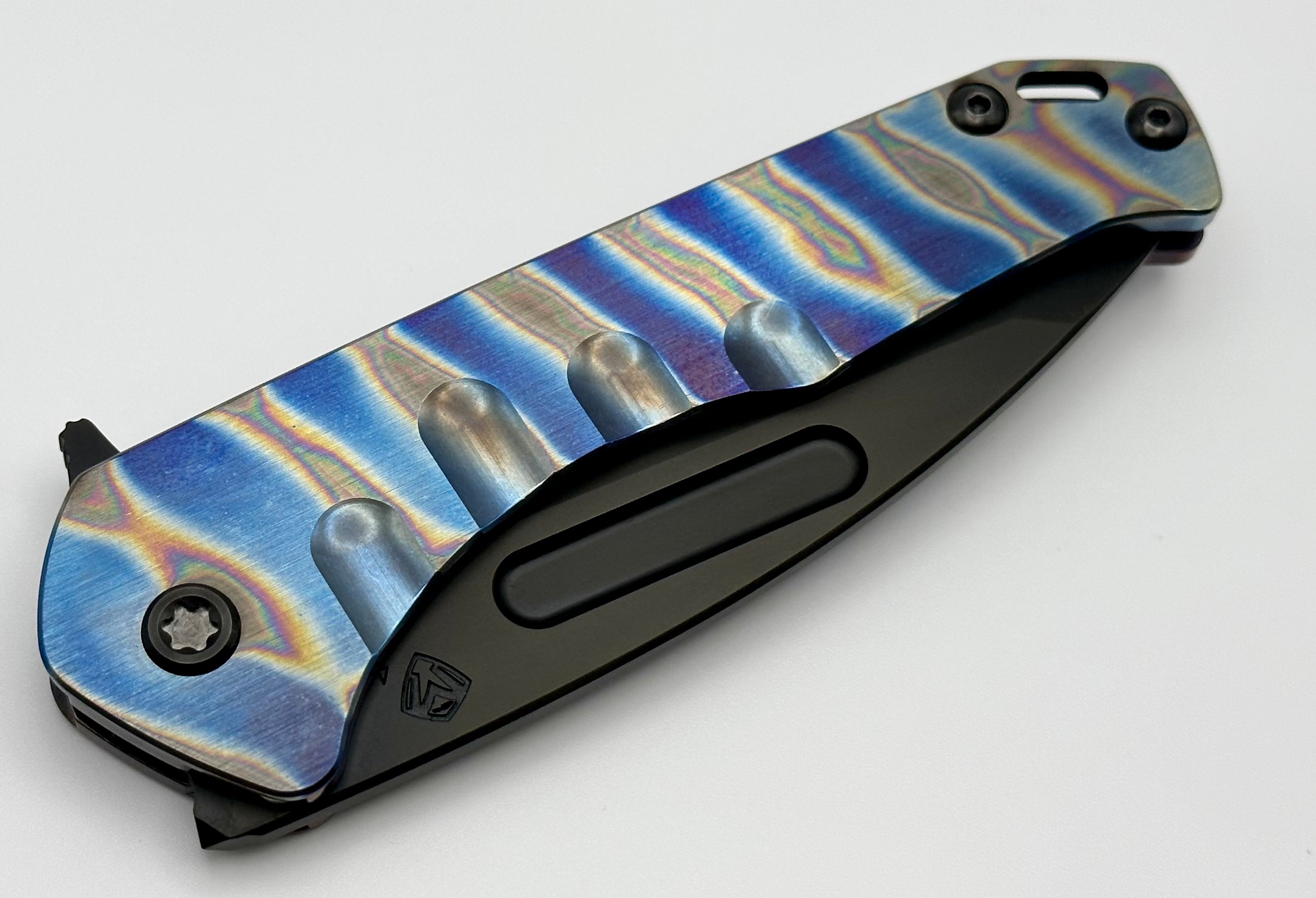 Medford Praetorian Slim Flipper S45VN PVD Tanto & Faced/Flamed Solar Flare Blue/Violet Handles w/ PVD Hardware/Clip