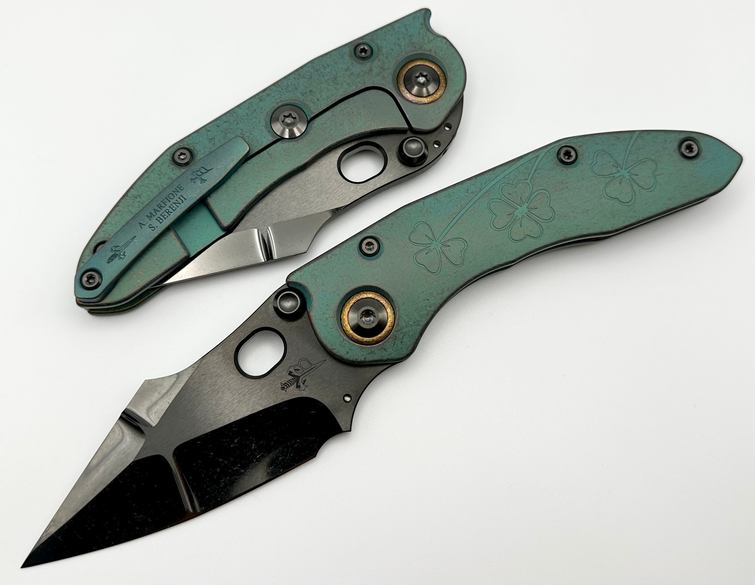 Marfione Custom Knives & Borka Blades Antique Green Lucky Stitch Trit Inlaid w/ DLC Cracked Diamond Wash Double Star Grind M390 & Antique Green Engraved Titanium