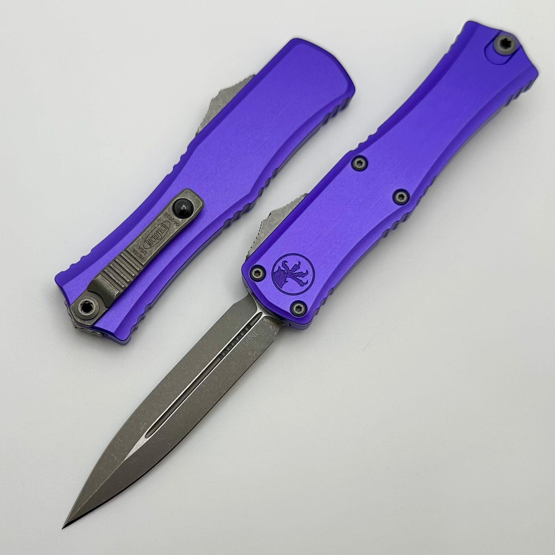 Microtech Knives Mini Hera Apocalyptic Double Edge M390MK w/ Purple Handle 1702M-10APPU