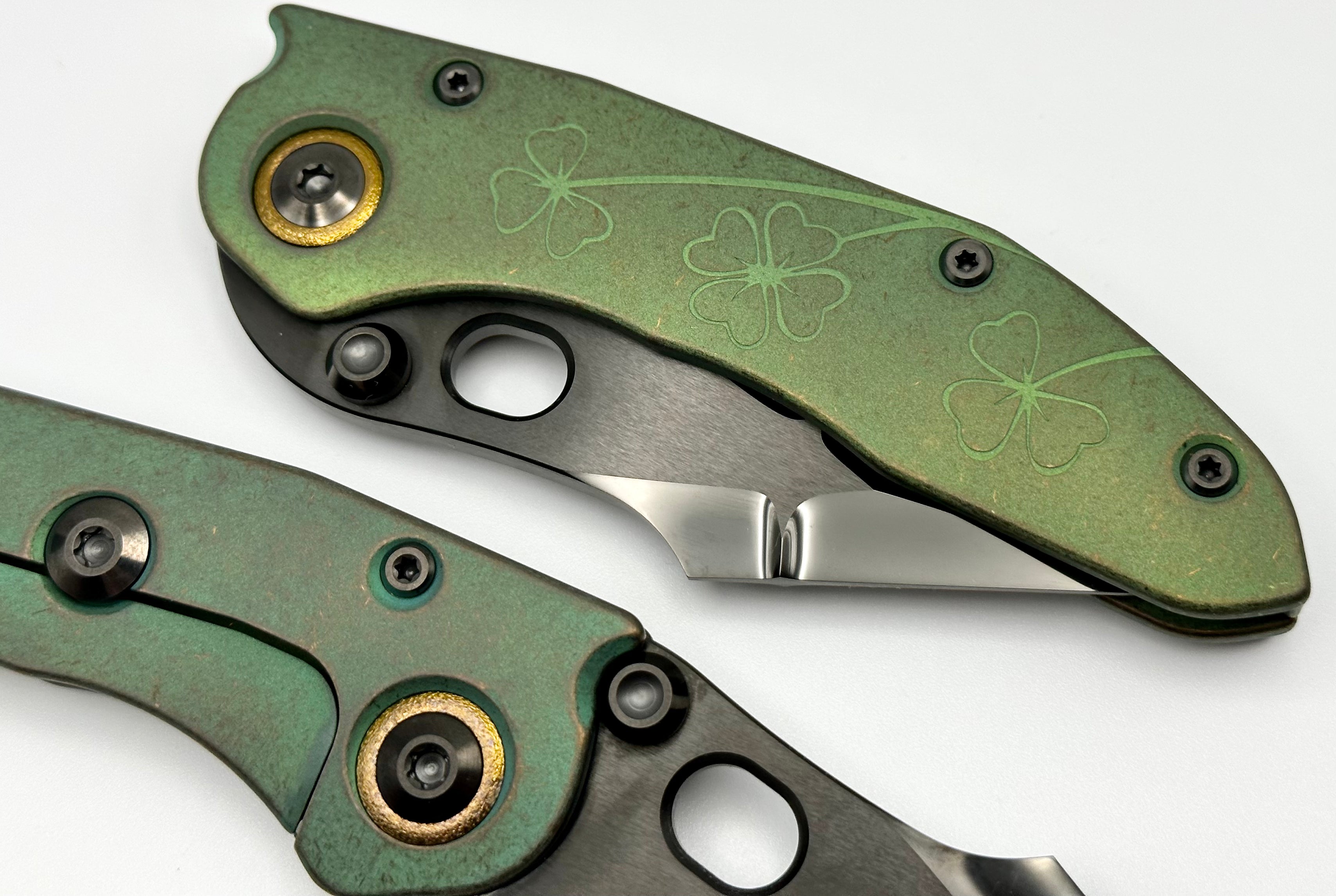 Marfione Custom Knives & Borka Blades Antique Green Lucky Stitch w/ DLC Diamond Wash Double Star Grind M390 & Antique Green Engraved Titanium