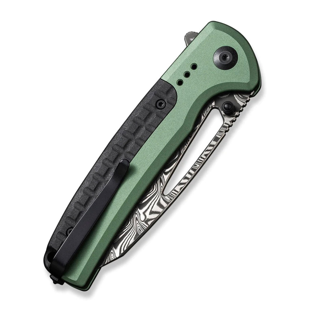 Civivi Knives Sentinel Strike Flipper Button Lock Green Aluminum w/ Black FRN & Damascus C22025B-DS1