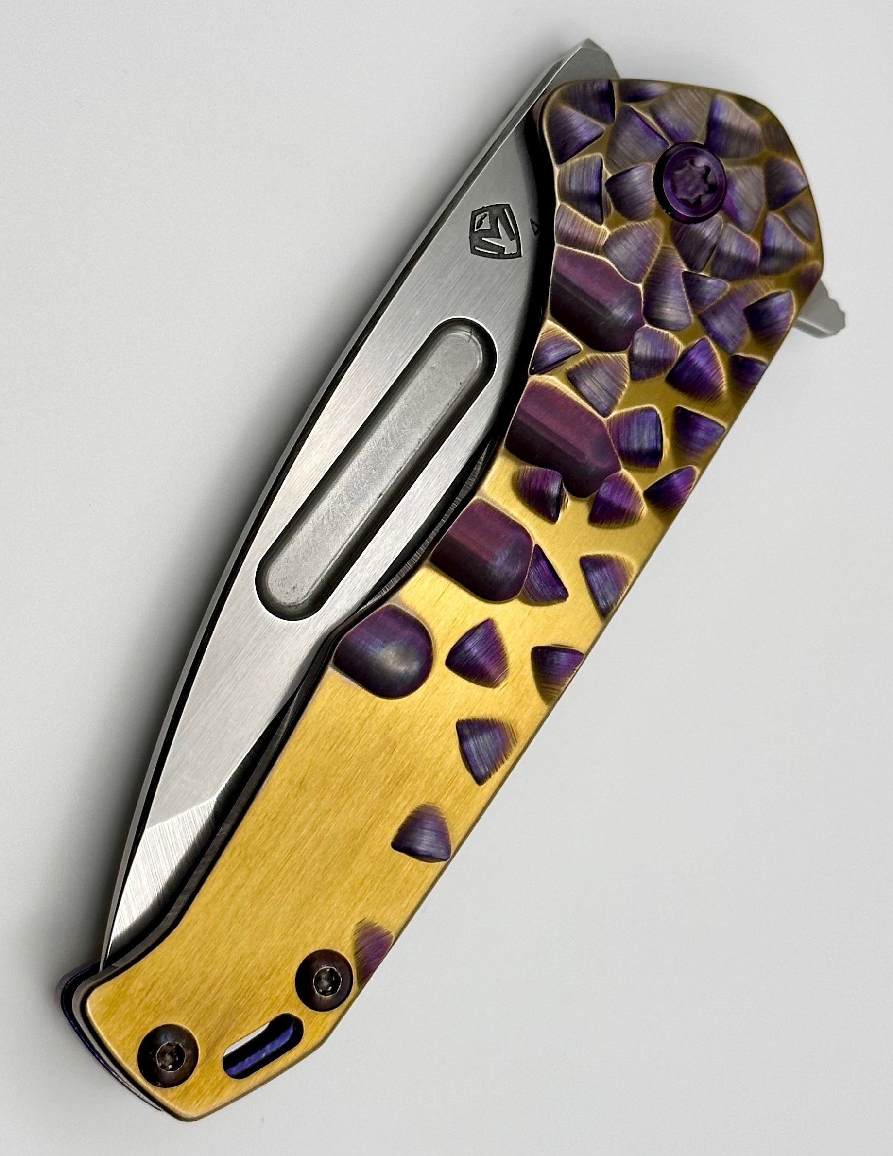 Medford Praetorian Slim Flipper S45VN Tumbled Tanto & Bronze/Violet Falling Leaf Sculpted Handles w/ Violet Hardware/Clip