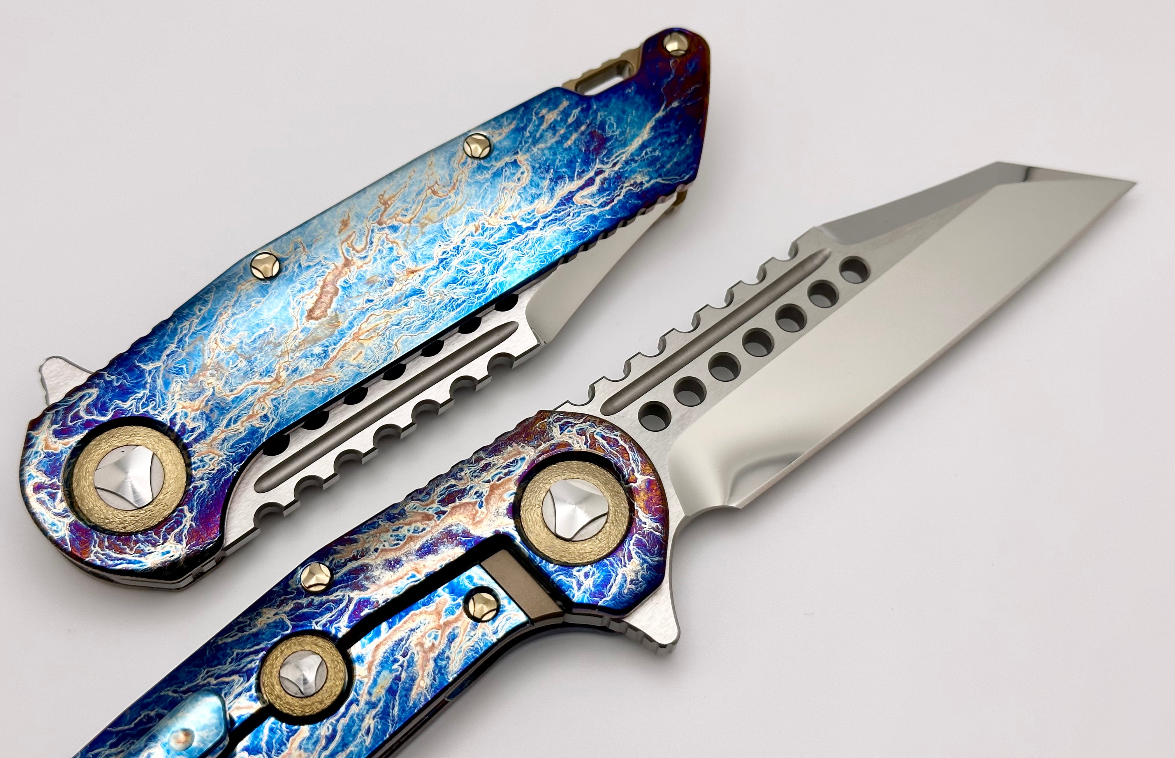 Marfione Custom Knives Warhound Mirror Polish & Galatic Acid Titanium Handles w/ Bronze Titanium Hardware