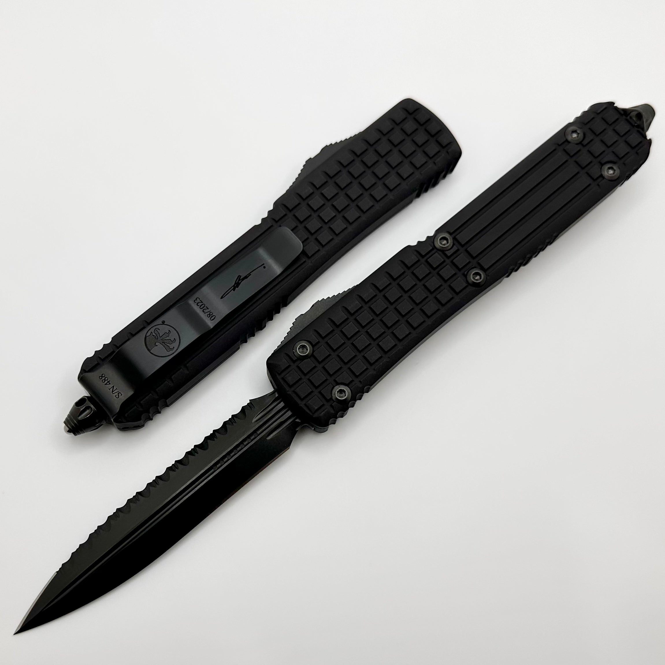 Microtech Ultratech Delta Frag Shadow Fluted Double Edge Full Serrated DLC w/ Nickel Boron Signature Series 122-3UT-DSH