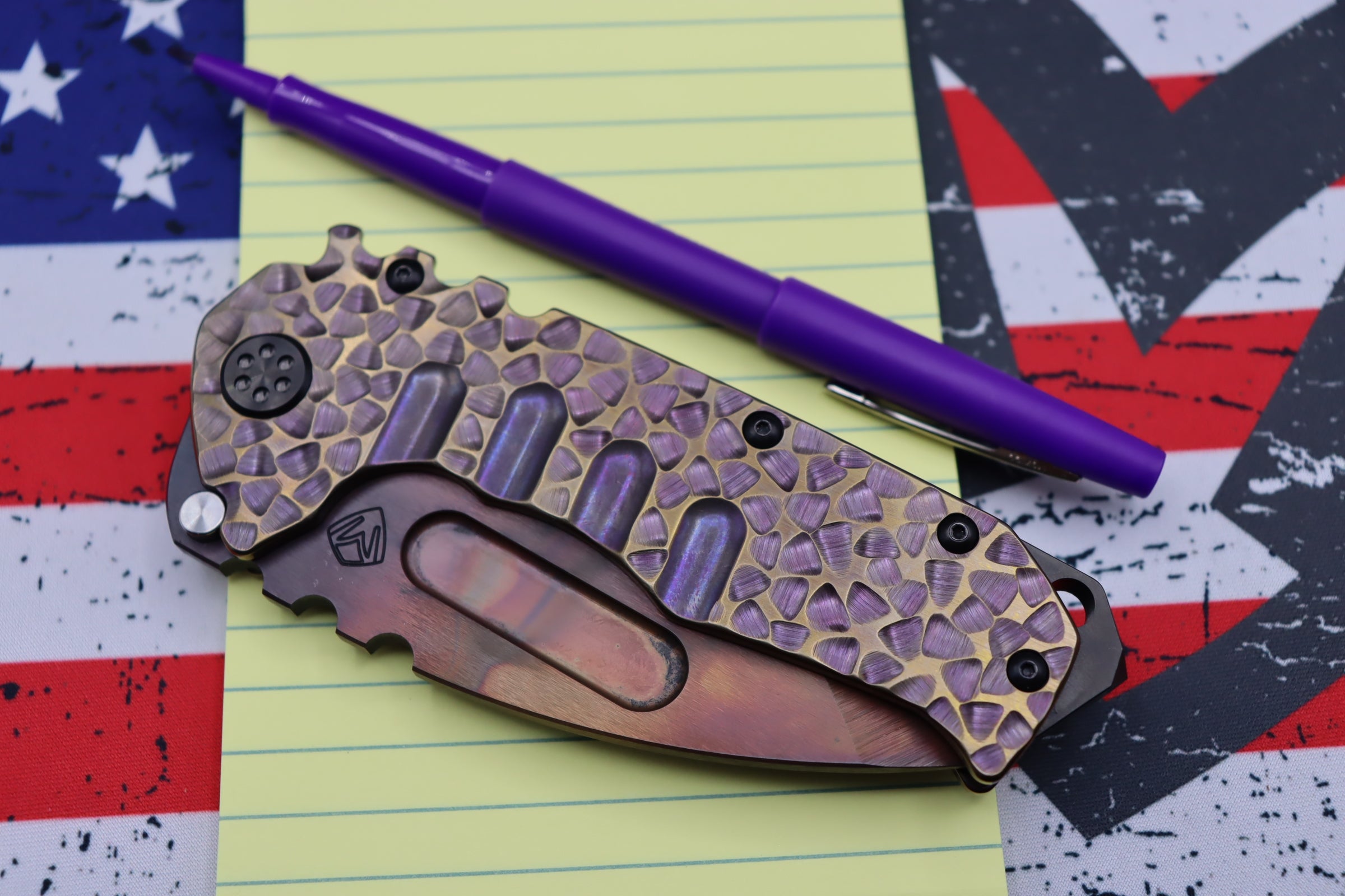 Medford Knife Praetorian T Peaks & Valleys Violet-Bronze Fade & Flamed Hardware with S35 Vulcan Tanto 106-186