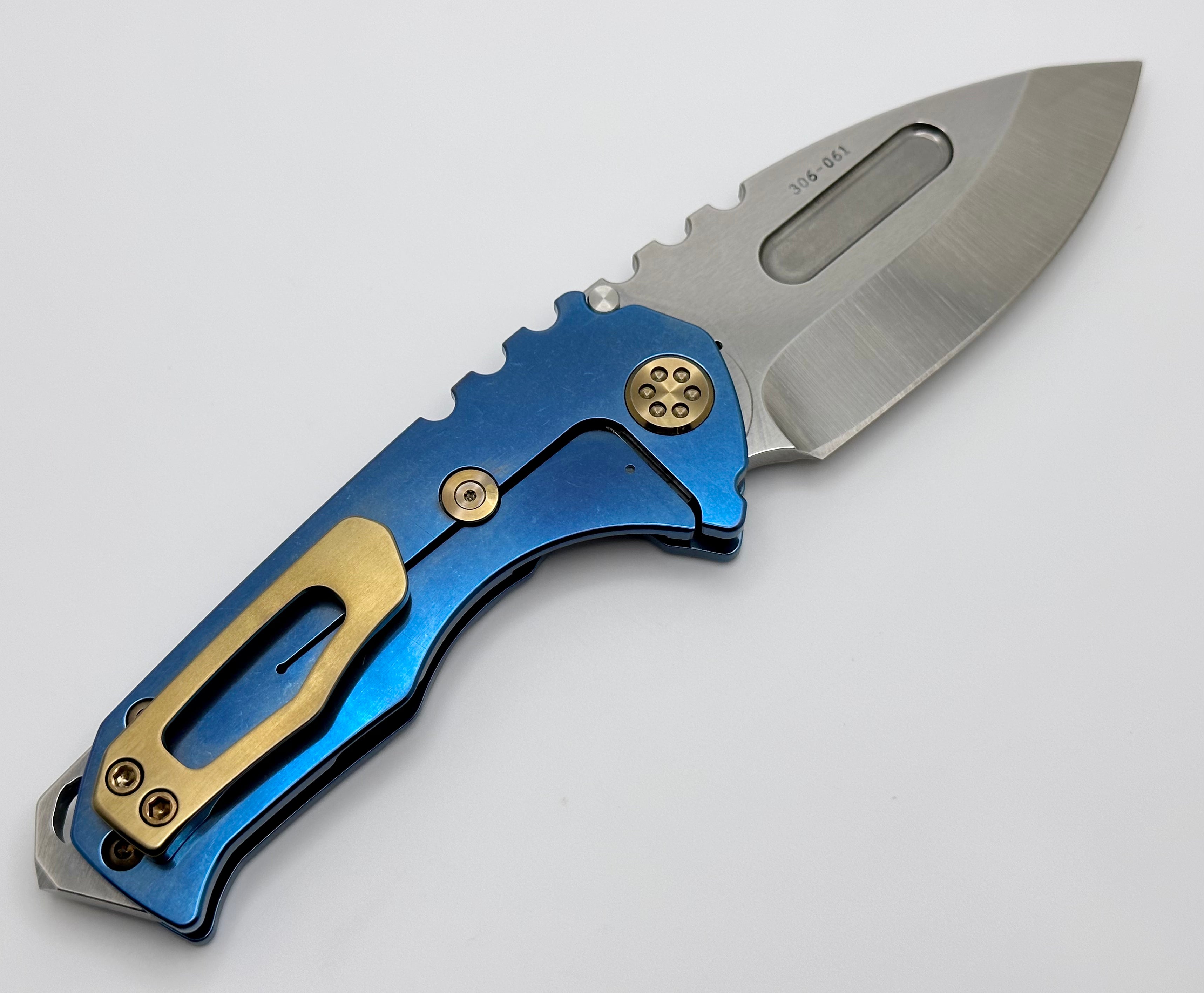 Medford Praetorian Genesis T S45 Tumbled Drop Point & Blue Tumbled Handles w/ Brass/Bronze Hardware/Clip