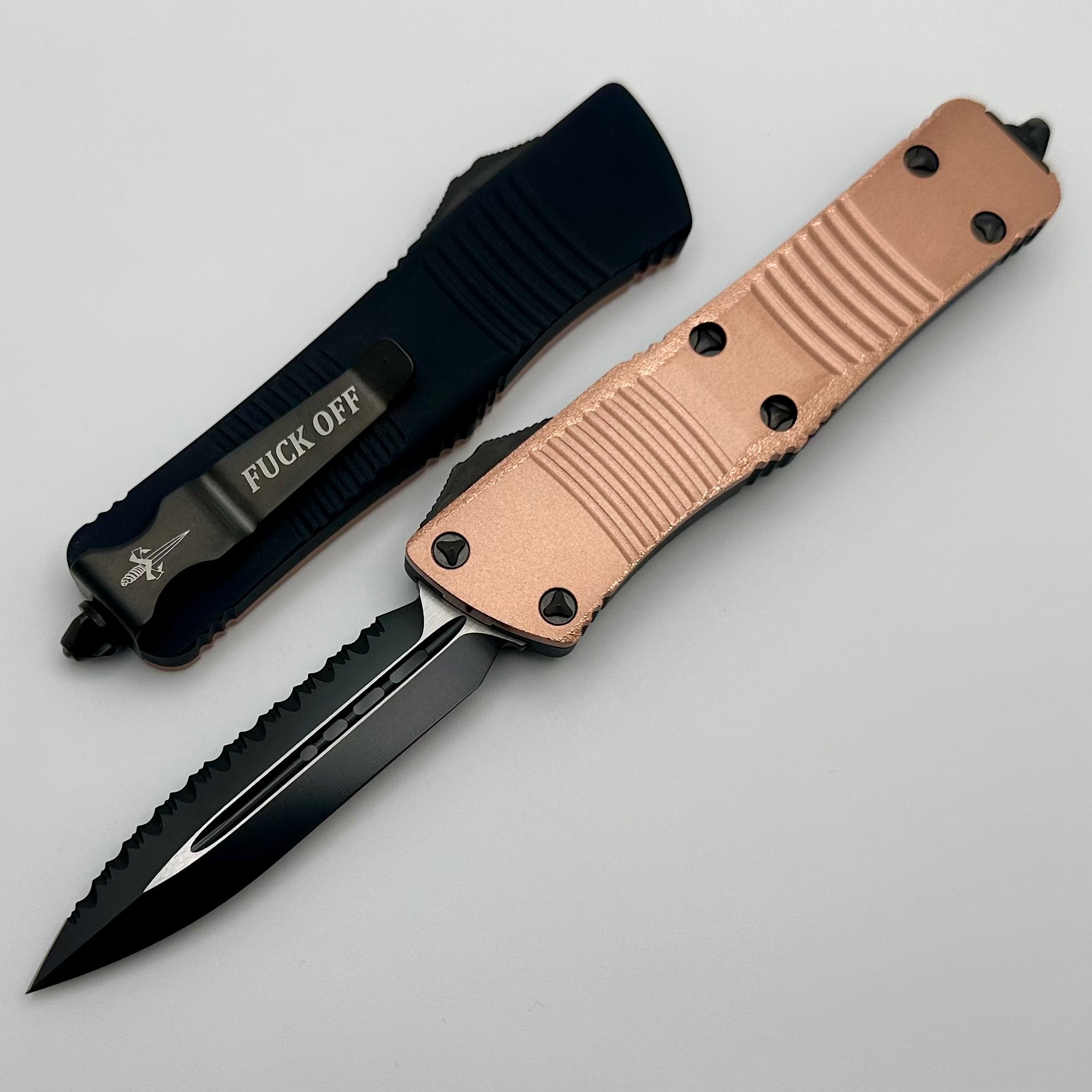 Microtech Troodon D/E Stippled Copper Top w/ DLC Full Serrated Friendly