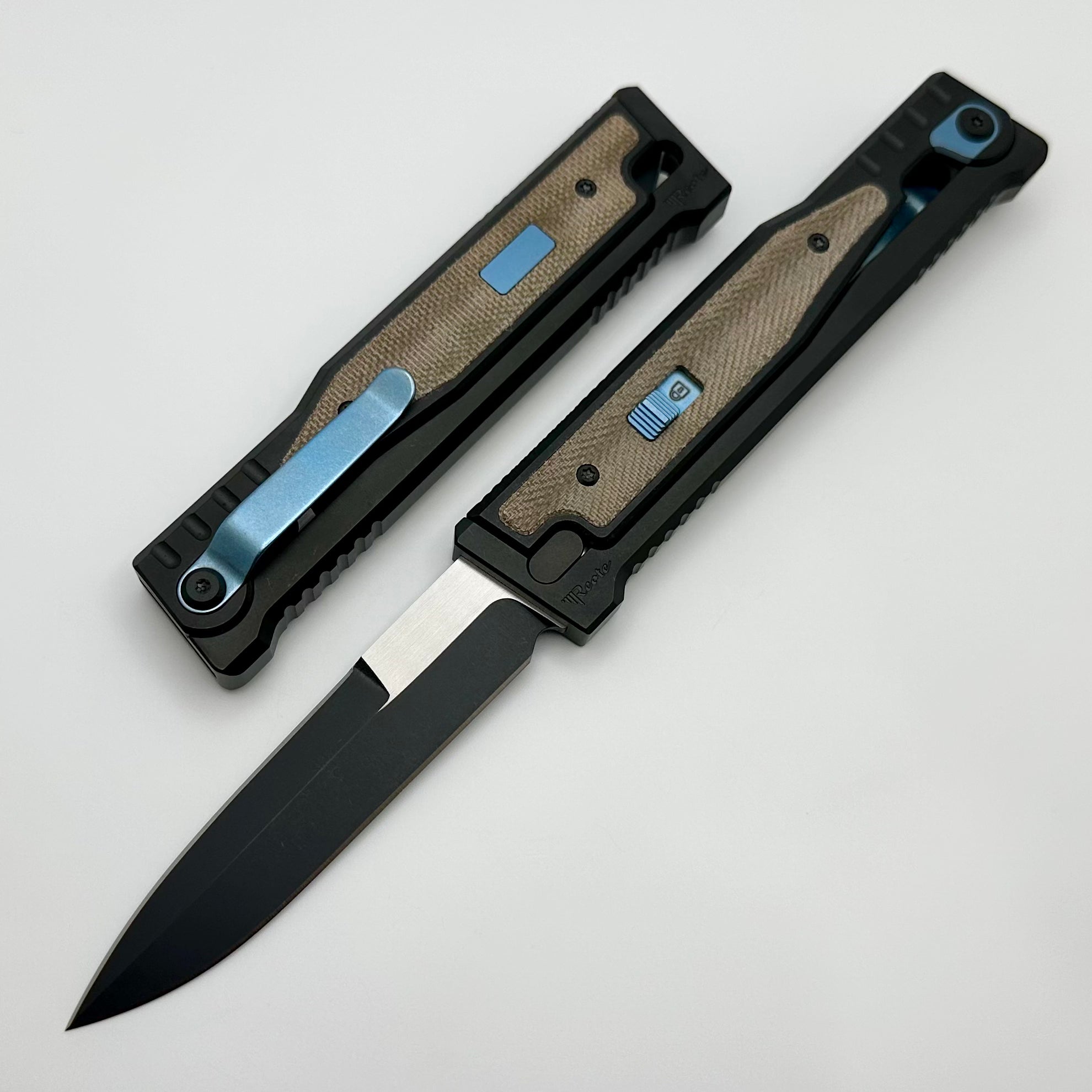 Reate EXO Exoskeleton Design V2 Twill Green Micarta & Two Tone Black PVD Double Edge Bayonet w/ Blue Accents