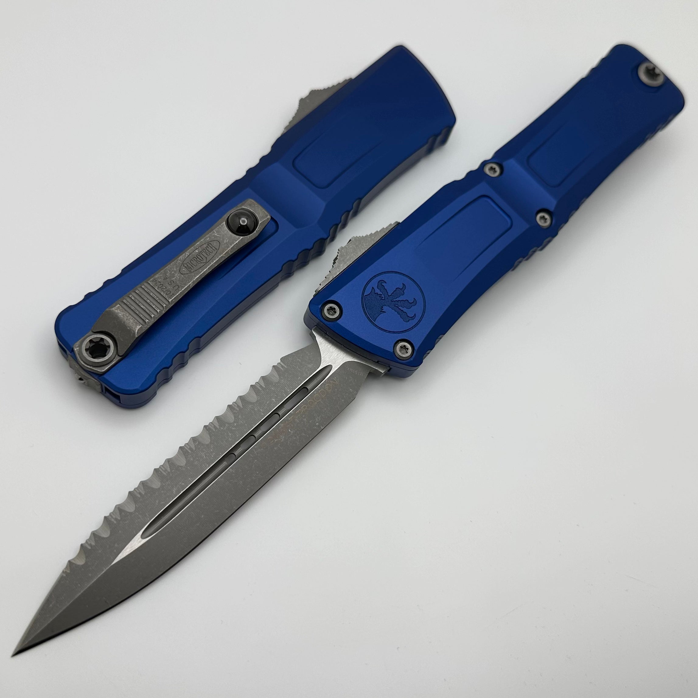 Microtech Knives Combat Troodon Gen III Apocalyptic Full Serrated Double Edge w/ Navy Blue Handle 1142-12APNA