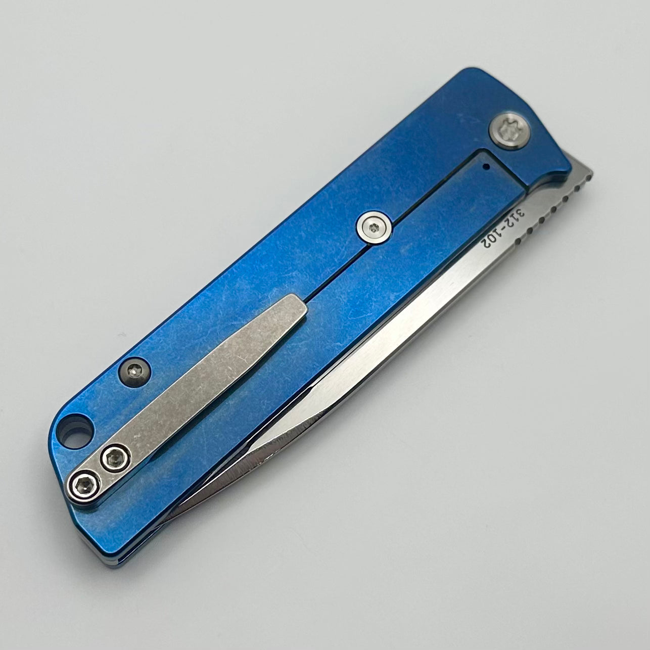 Medford Antik Front Flipper Tumbled S45 Drop Point & Blue Tumbled Titanium Handles