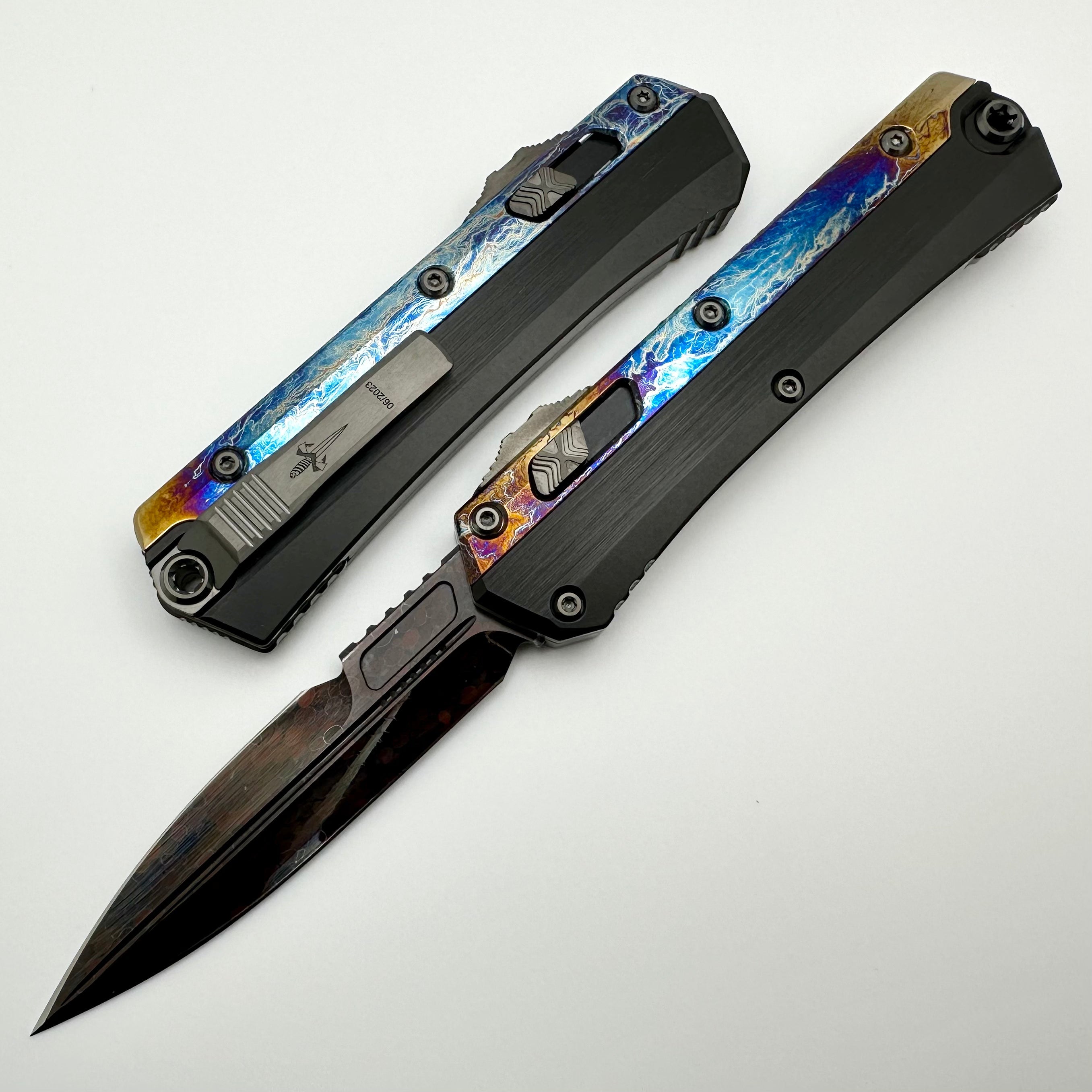 Marfione Custom Knives Glykon Hot Blued Dragonskin Bertie Rietveld Ball Bearing Damascus w/ Galactic Acid Overlays