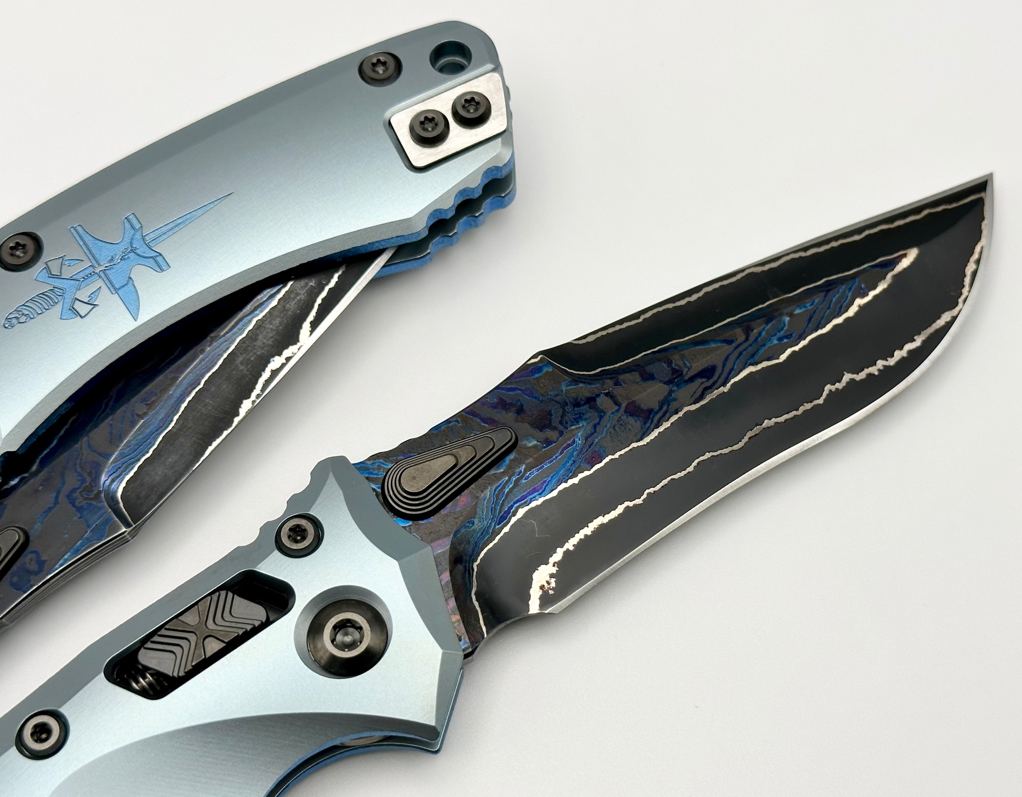 Marfione Custom Knives Amphibian RAM-LOK Metroid Broken Anvil Damascus & Ice Blue Stippled Titanium w/ Joint Logo Dagger Engraved