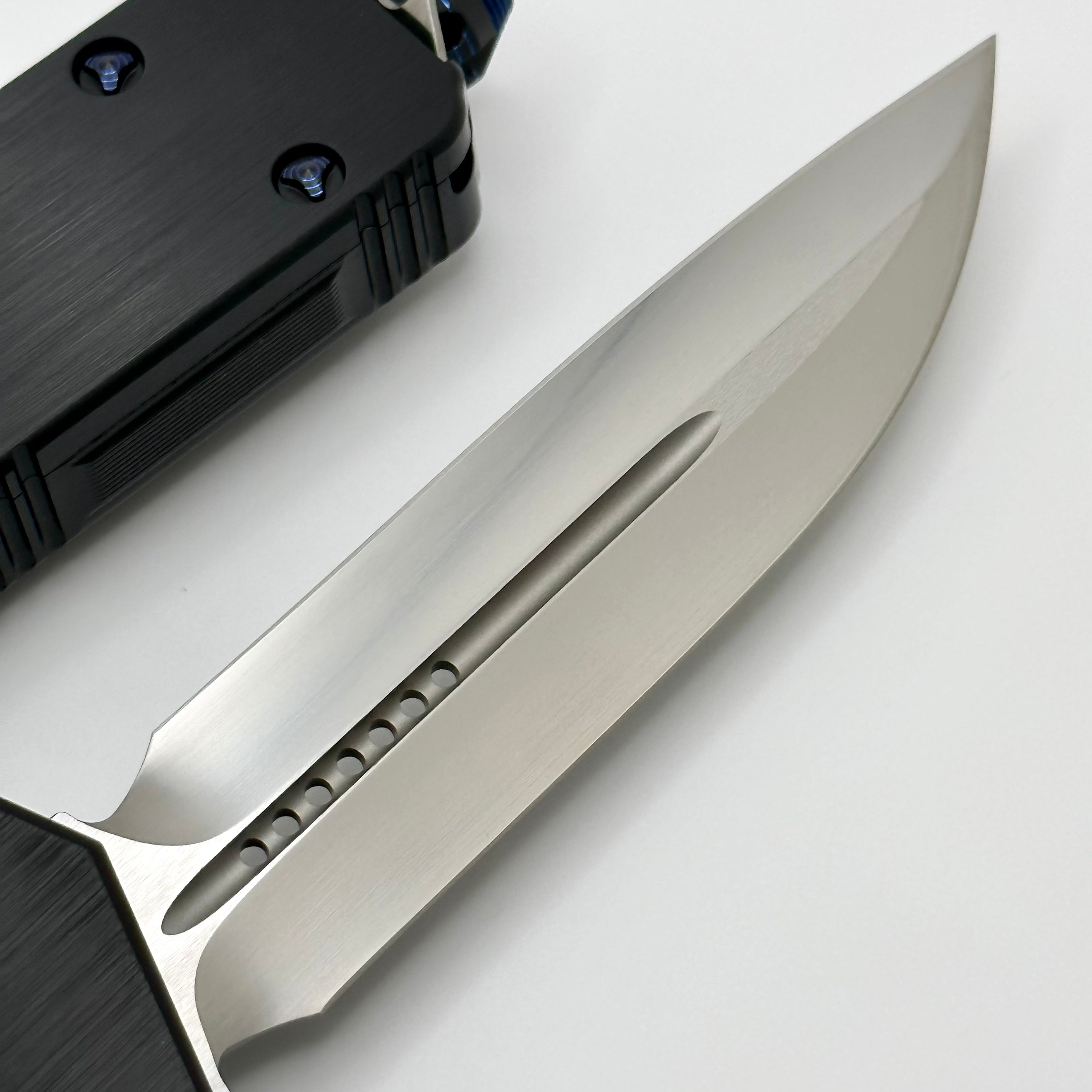 Marfione Custom Knives Scarab 2 DES Hand Satin M390 w/ Hefted Black Handle & Blue Ringed Ti Hardware