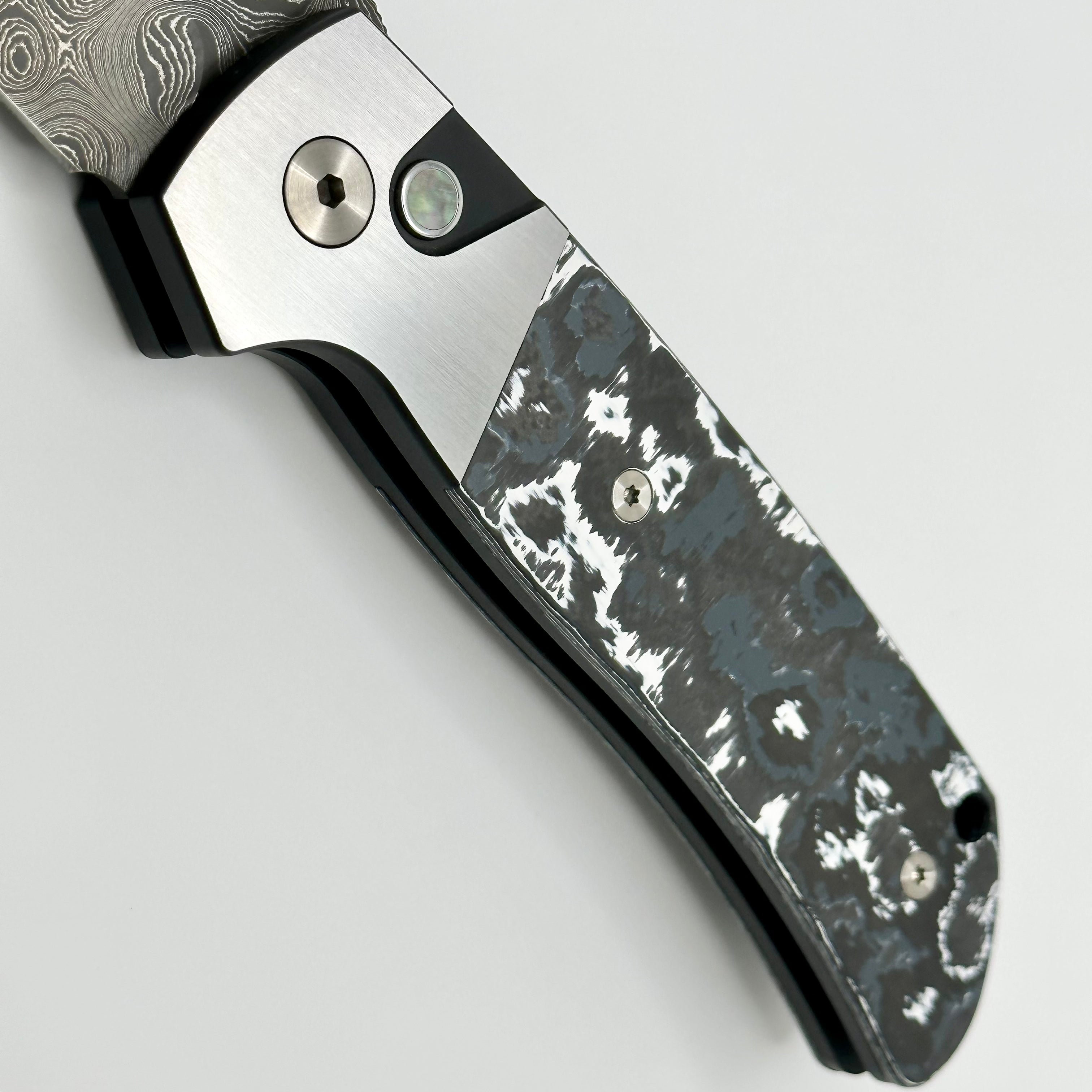 Pro-Tech ATCF Monochrome Custom Two Tone DLC 416 Steel w/ White Storm Fat Carbon Inlays & Black Lip Pearl Button w/ Chad Nichols Virus Damascus Enthusiant 2023 Edition PRE OWNED