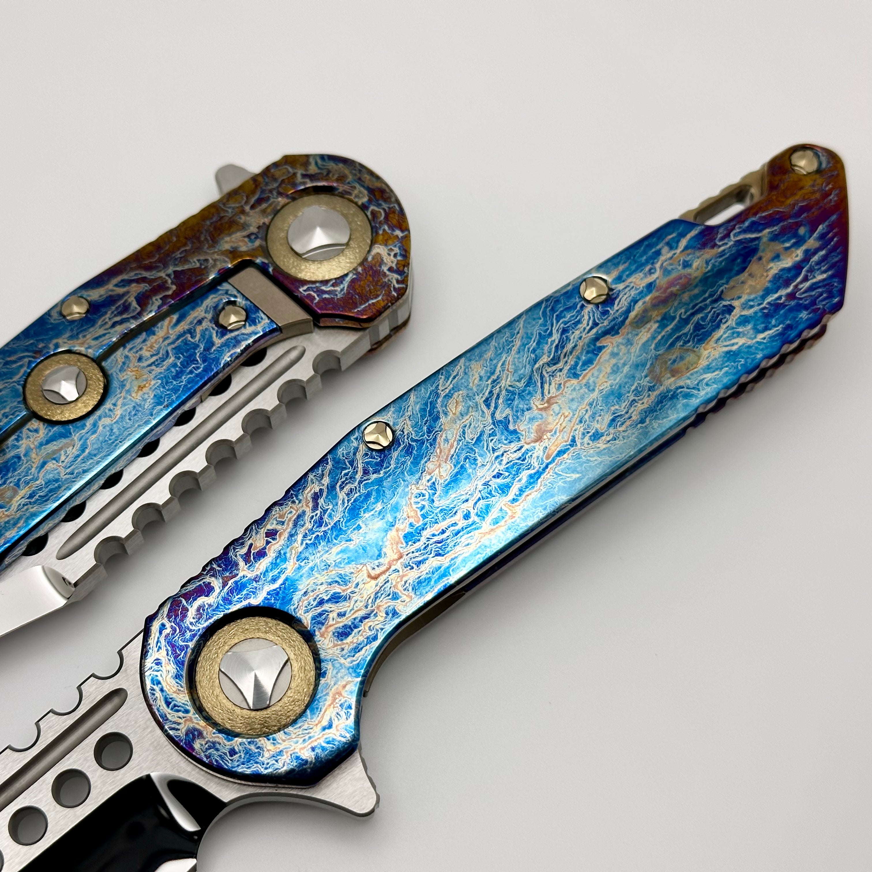 Marfione Custom Knives Warhound Mirror Polish & Galatic Acid Titanium Handles w/ Bronze Titanium Hardware