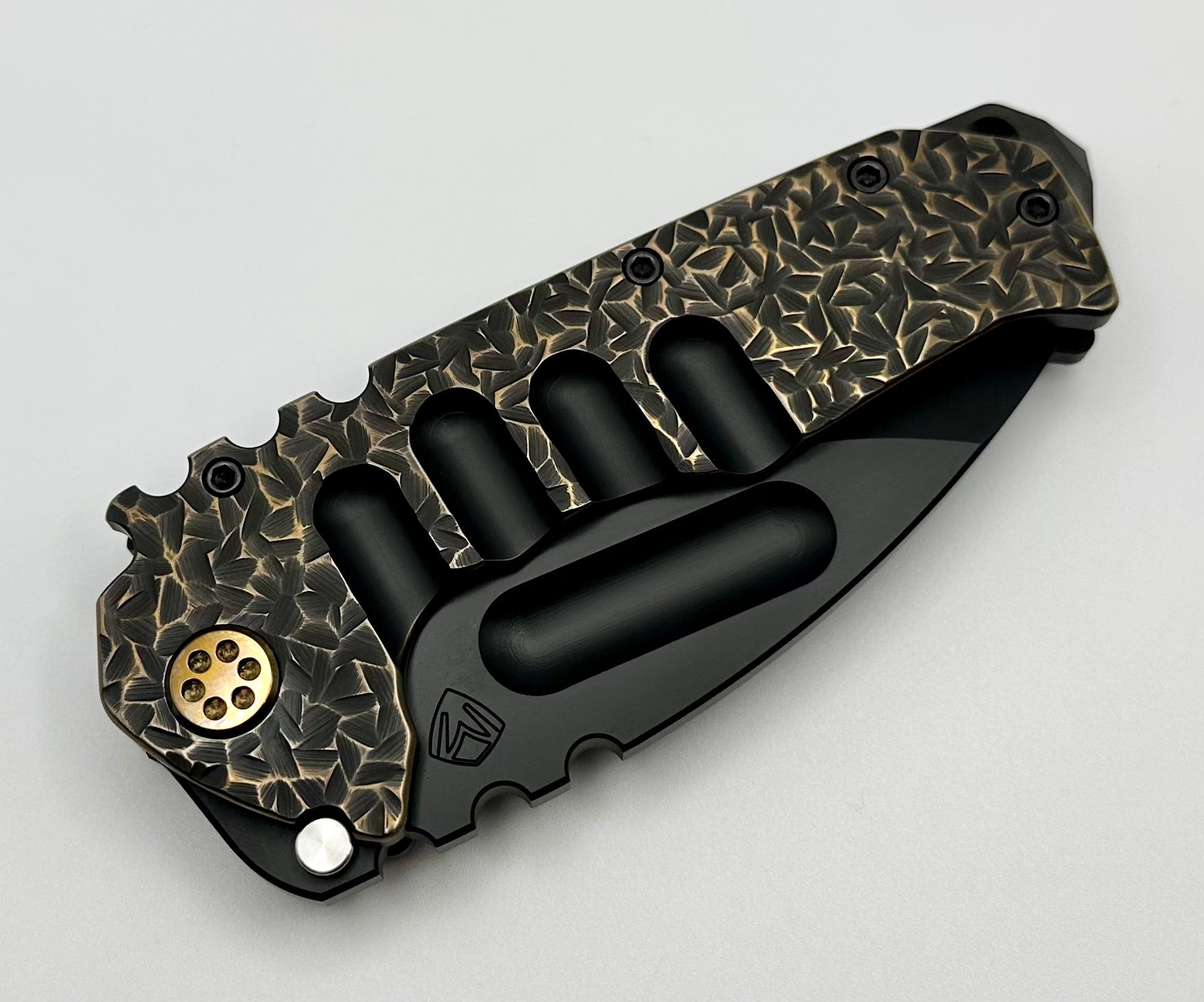 Medford Knife Praetorian TI Drop Point PVD 3V & Brushed/Bronze Hammered Sculpted Handles & PVD/Bronze Hardware/Clip